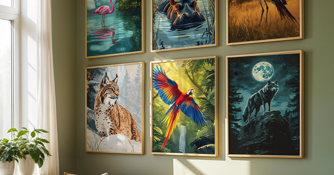 Colorful animal art prints displayed on a wall in a sunlit room, illustrating how to decorate your room.