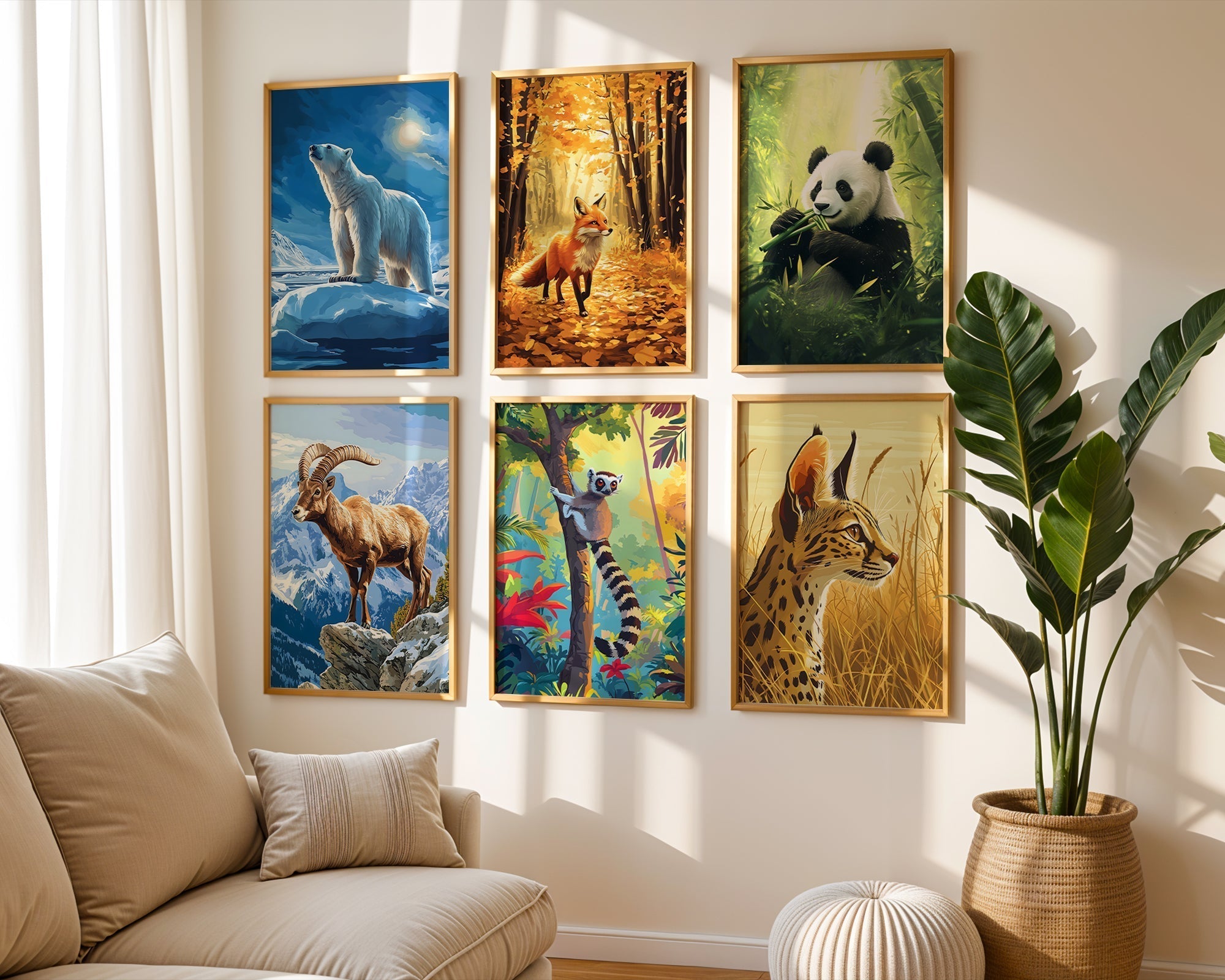 How to Create a Stunning Gallery Wall with Nature Prints featuring framed animal artwork in a cozy living room.