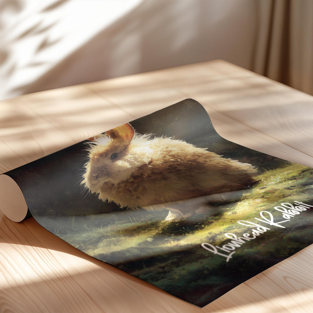 Lionhead Rabbit Wall Art Print – Cute Bunny Poster for Nursery, Kids Room or Office – Fluffy Rabbit Decor Gift