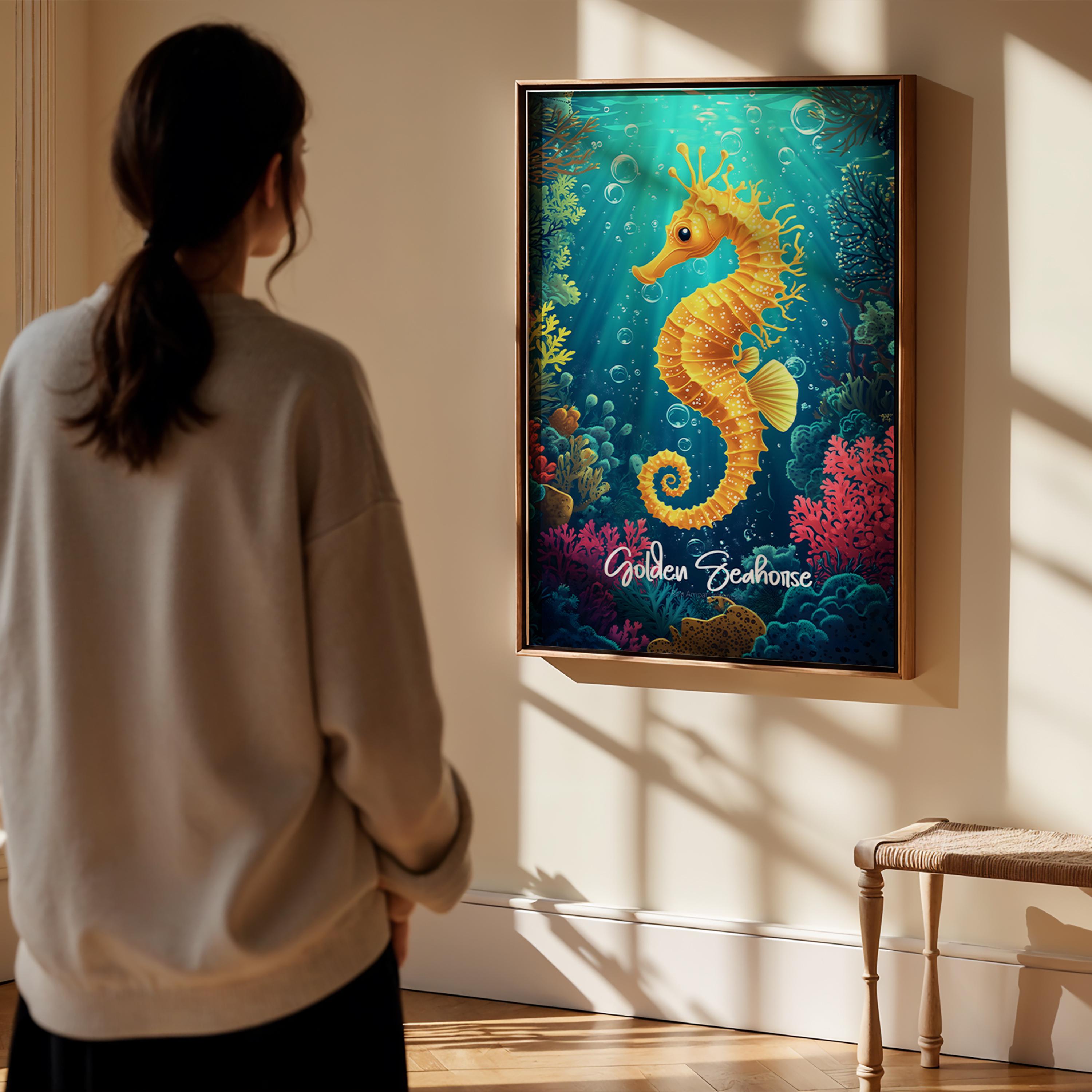 Golden Seahorse Wall Art Poster, Framed Nautical Coastal Decor, Ocean Print for Beach House, Marine Life Gift, Sea Creature Artwork