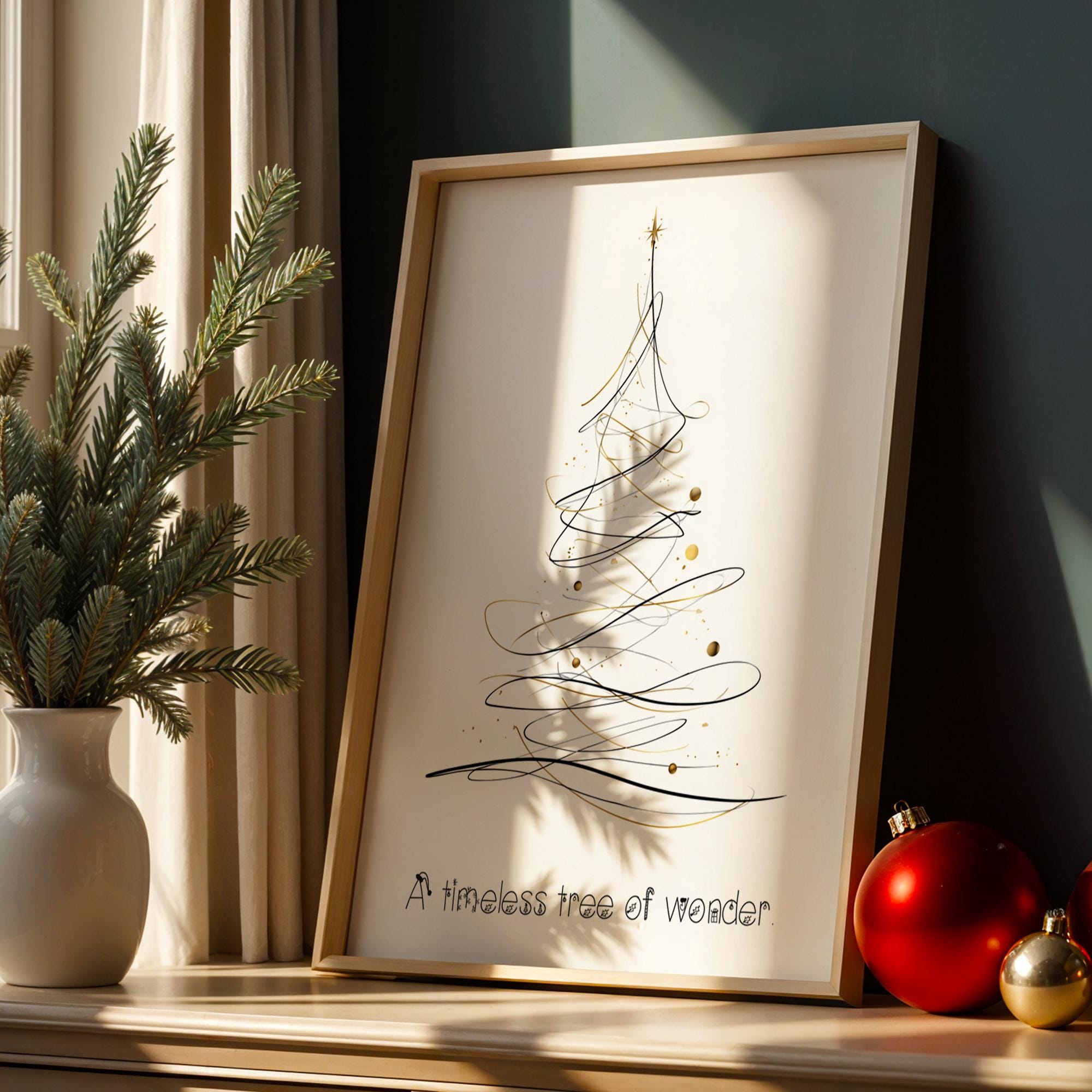 Minimalist Christmas Tree Poster – Elegant Black & Gold Holiday Wall Art