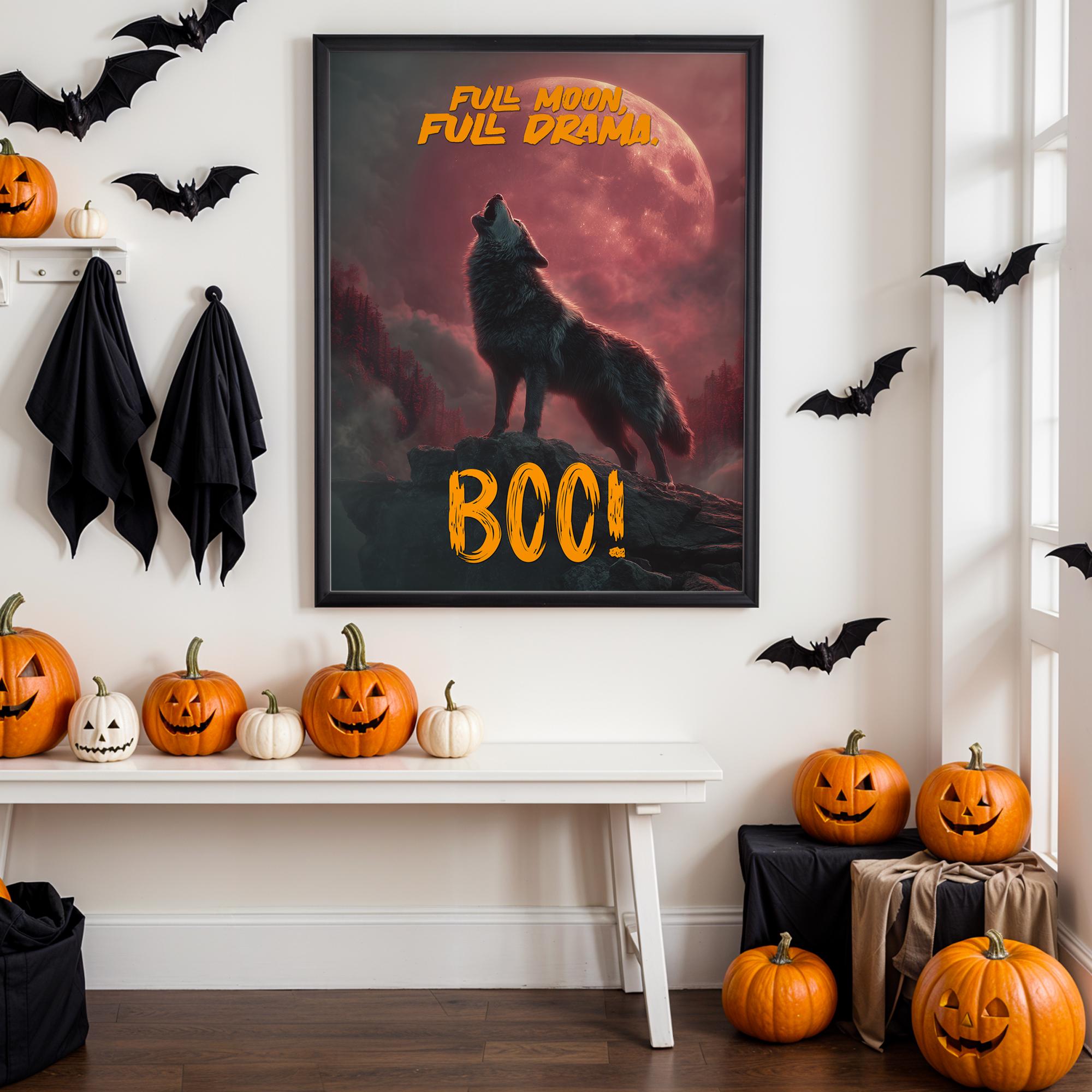 Howling Wolf Halloween Poster – Dramatic Full Moon BOO Wall Art for Spooky Season