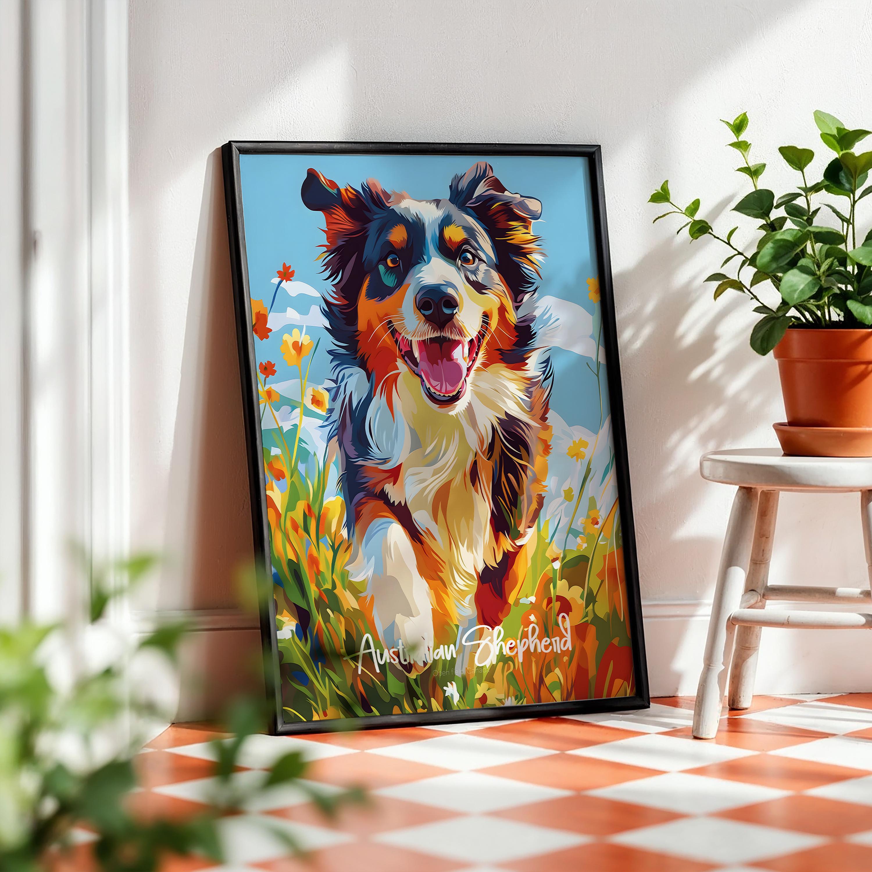 Australian Shepherd Wall Art – Colourful Herding Dog Illustration, Nature Decor, Gift for Pet Lovers