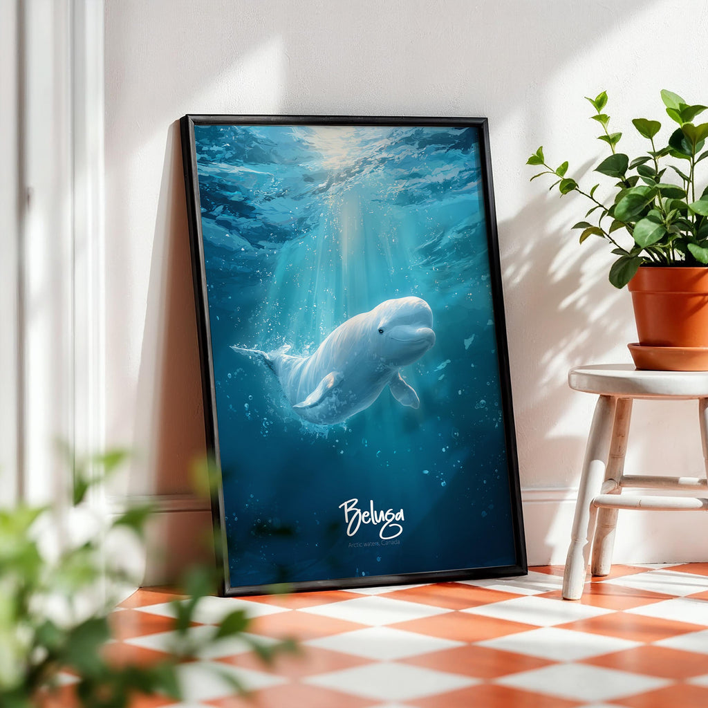 Beluga Whale Framed Poster: Calming Ocean Nursery Wall Art
