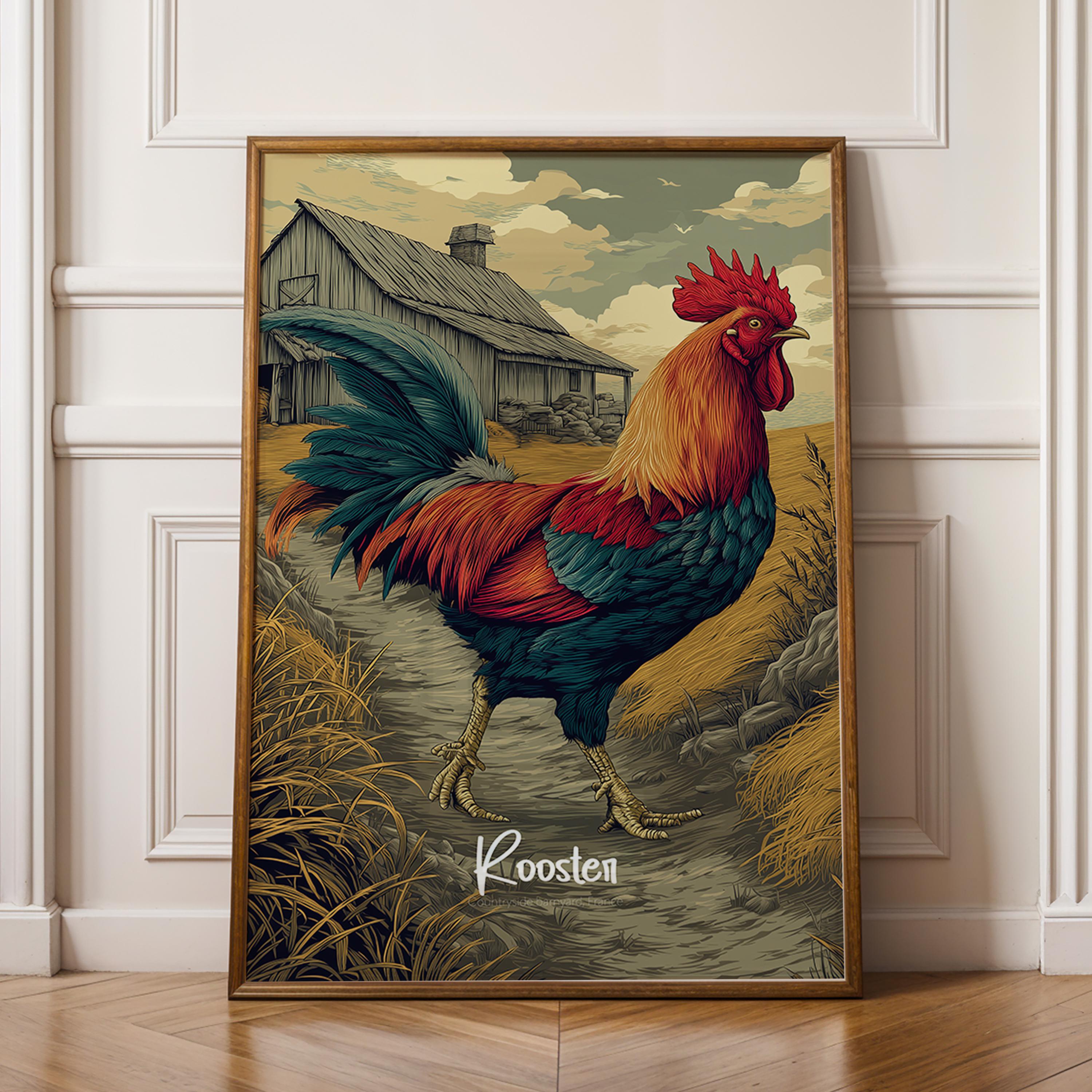 Rooster Framed Art Print: Rustic Farmhouse Animal Decor