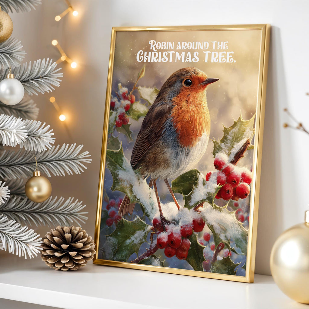 Robin Christmas Tree Poster – Winter Bird Holiday Wall Art
