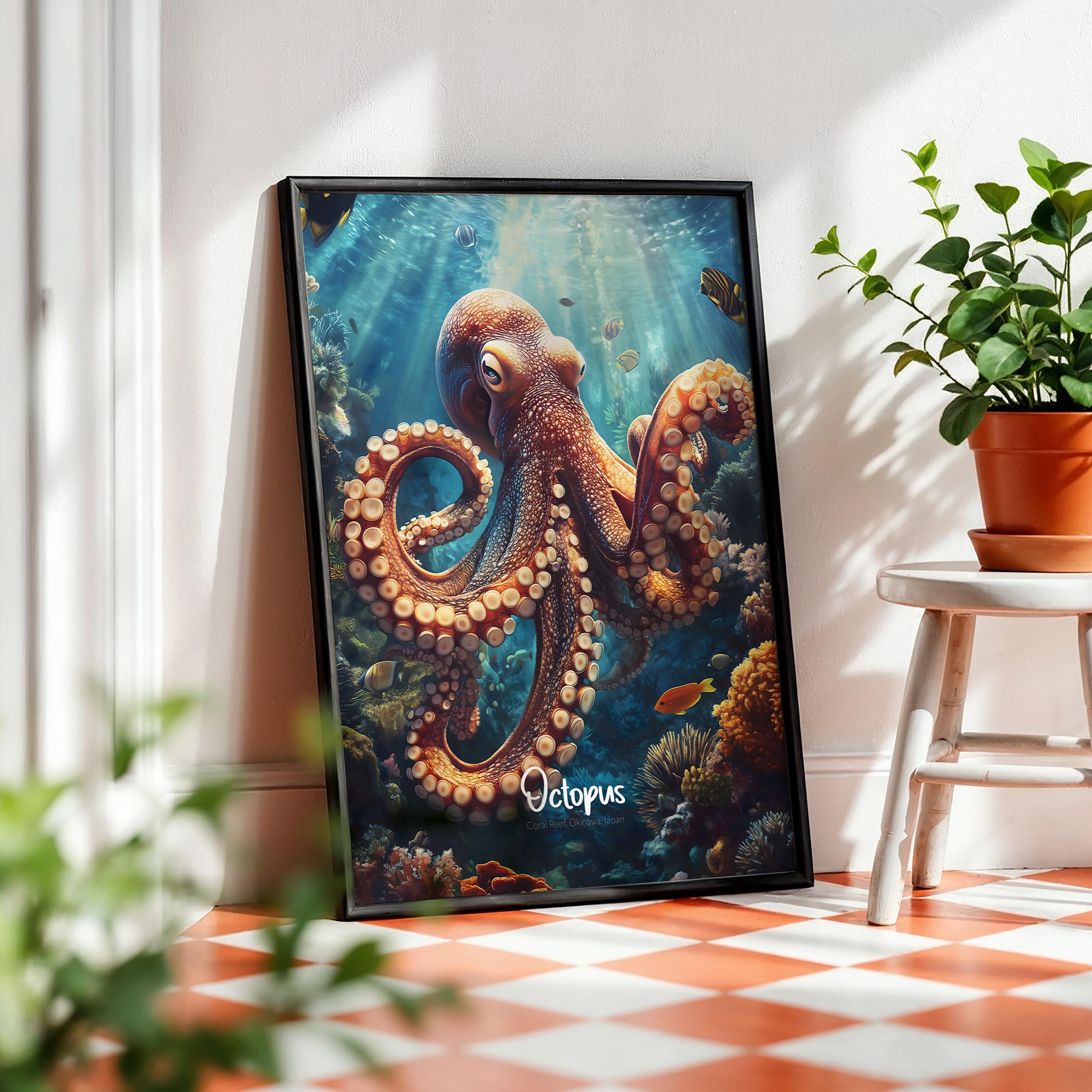 Framed Octopus Print: Nautical Marine Animal Wall Art