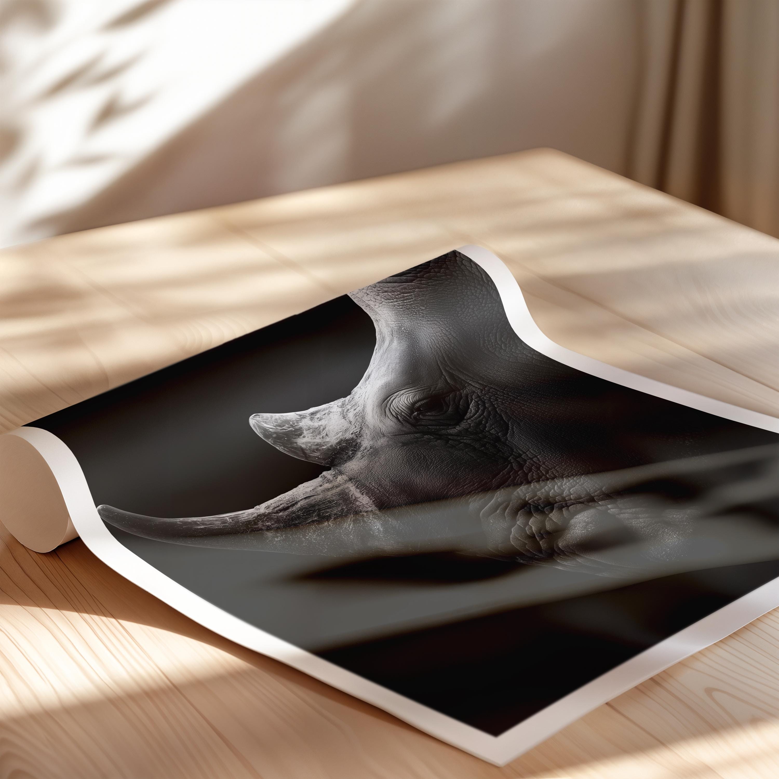 Black and White Rhino Wall Art Print – Powerful Wildlife Poster for Living Room, Office or Gift – Monochrome Safari Decor
