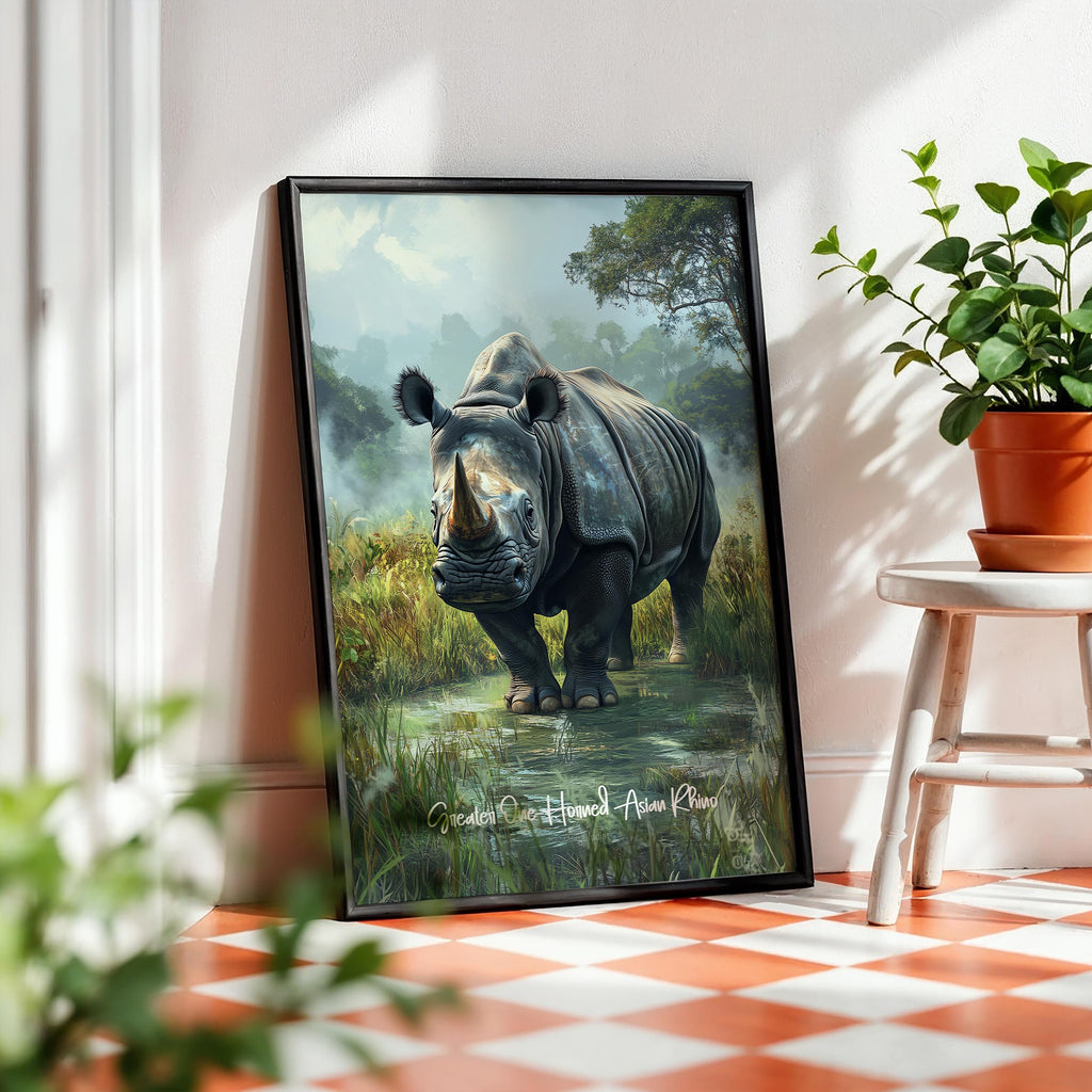 Asian Rhino Wall Art – Greater One-horned Rhino Illustration, Nature-Inspired Decor, Gift for Wildlife Lovers