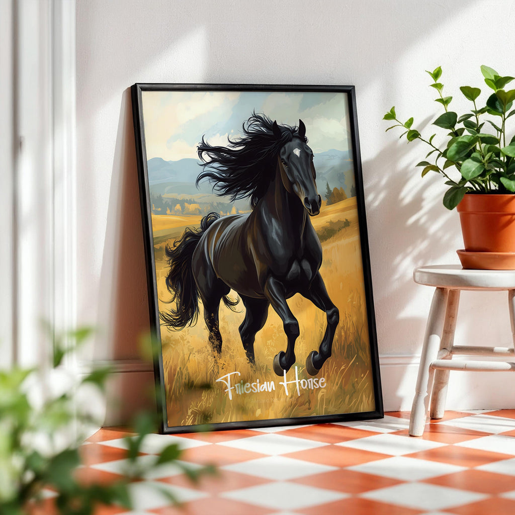Friesian Horse Print: Elegant Black Stallion Illustration, Netherlands Decor