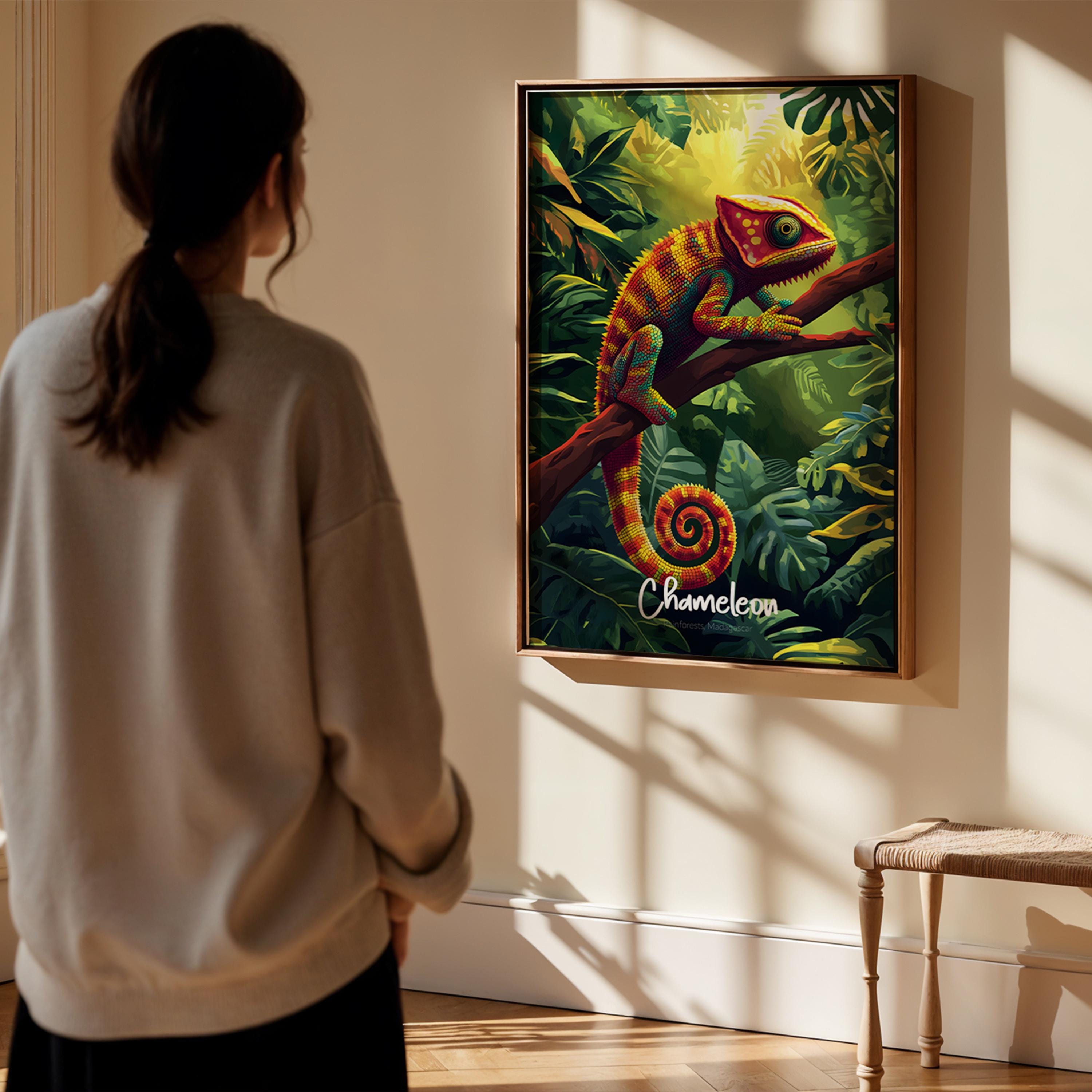 Colorful Chameleon Art Print: Rainforest Wildlife Illustration