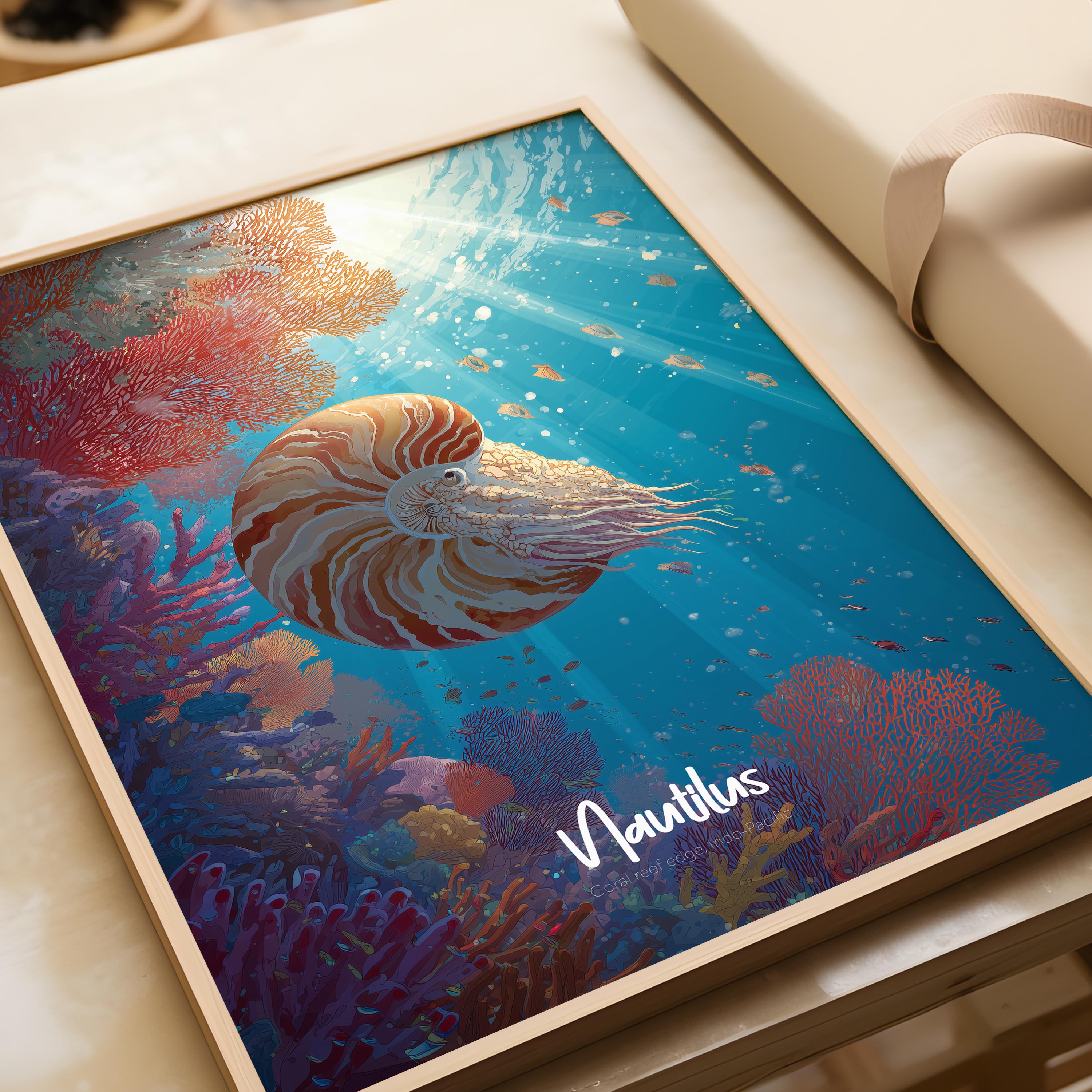 Nautilus Framed Poster: Marine Wildlife Print, Kids Room Decor