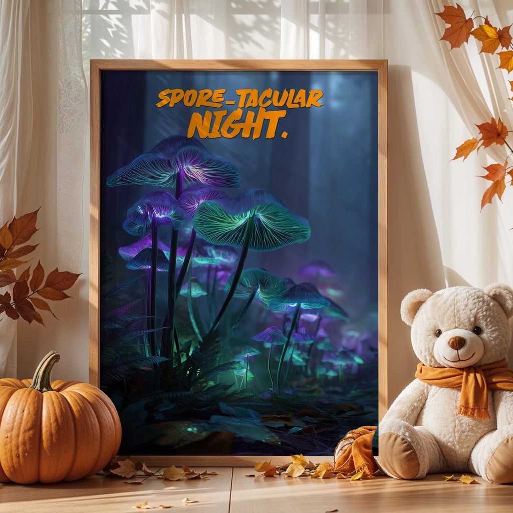 Bioluminescent Mushroom Poster – “Spore-tacular Night” Halloween Glow-in-the-Dark Forest Art Print