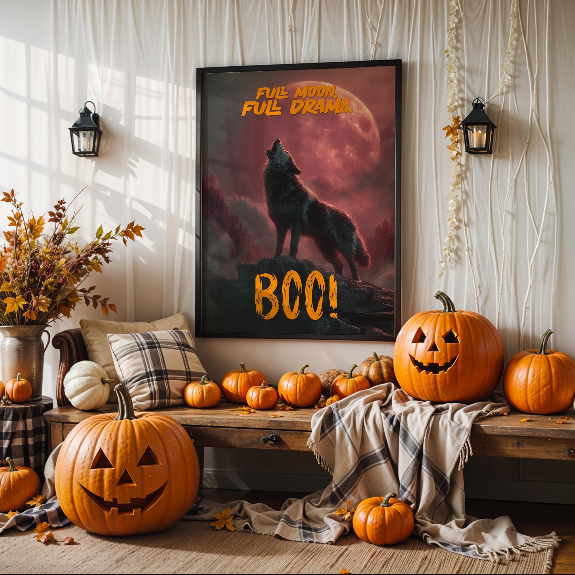 Howling Wolf Halloween Poster – Dramatic Full Moon BOO Wall Art for Spooky Season