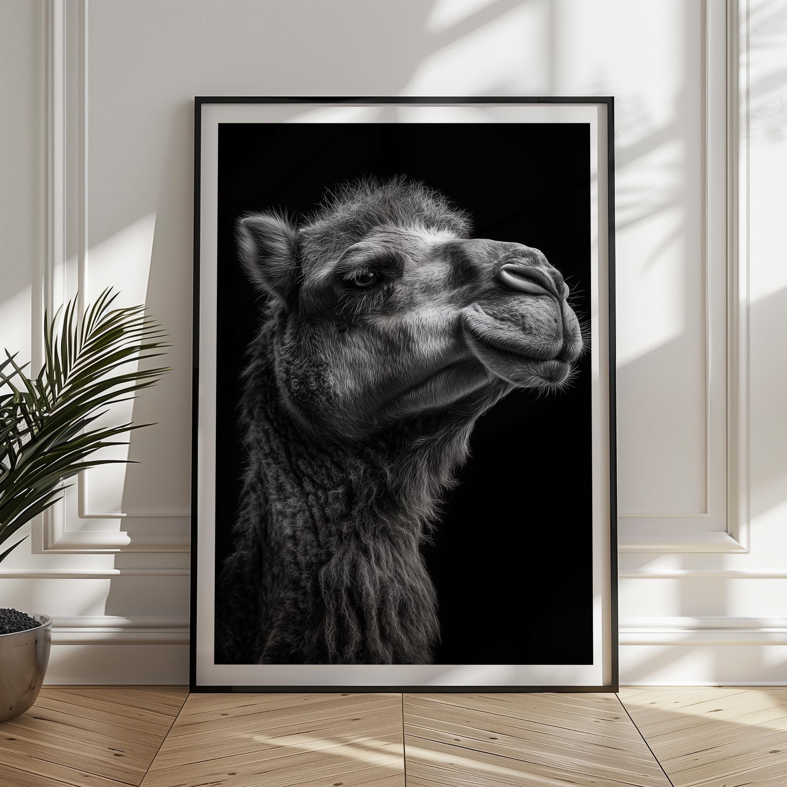 Black and White Camel Print: Desert Wildlife Poster, Monochrome Animal Decor