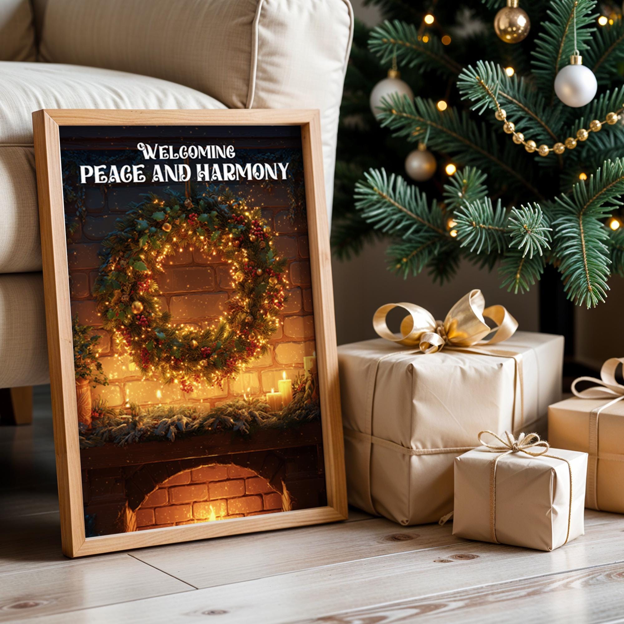 Christmas Wreath Fireplace Poster – Warm Holiday Wall Art with Peace & Harmony Message