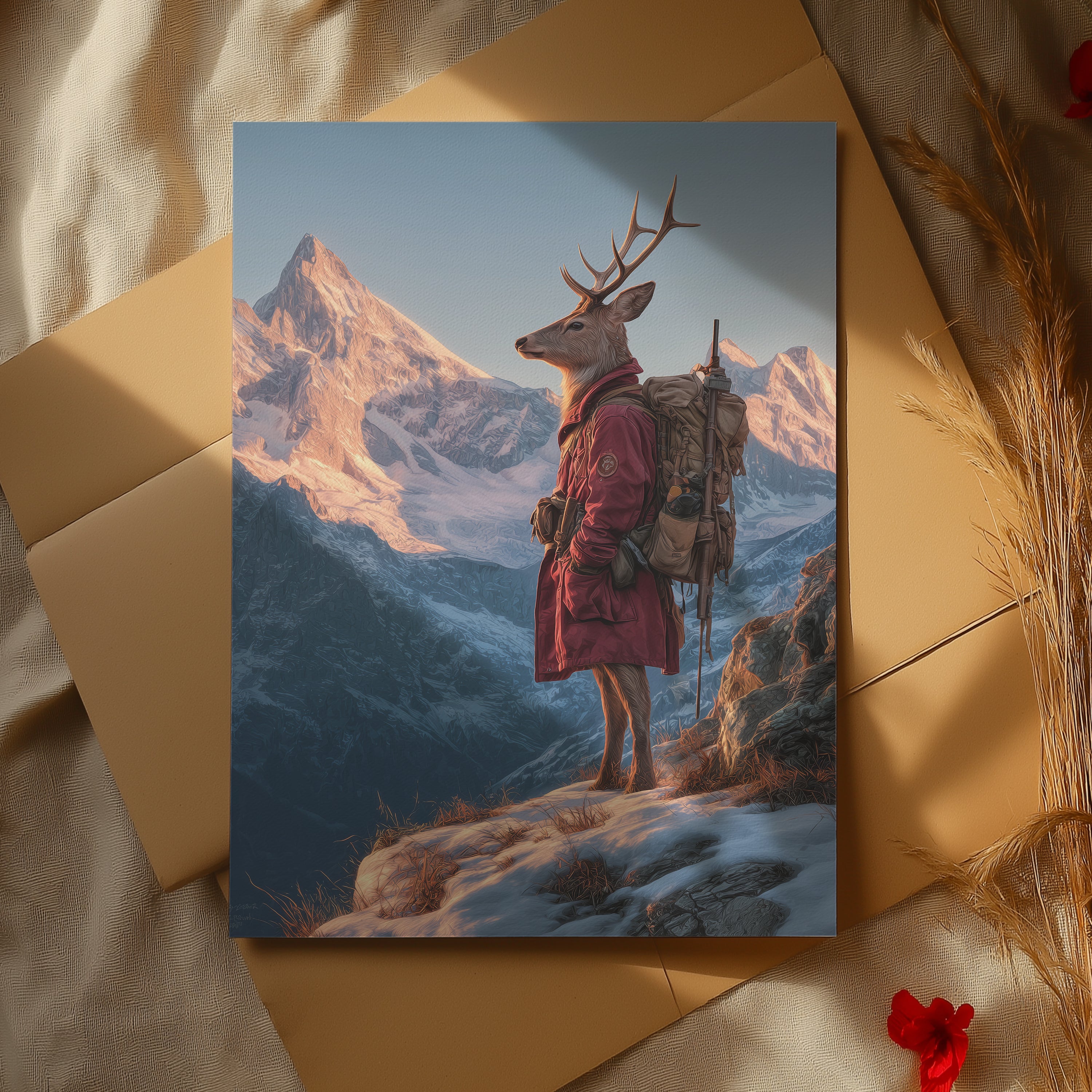 Majestic Stag Art Print: Nordic Mountain Scene, Alpine Animal Poster