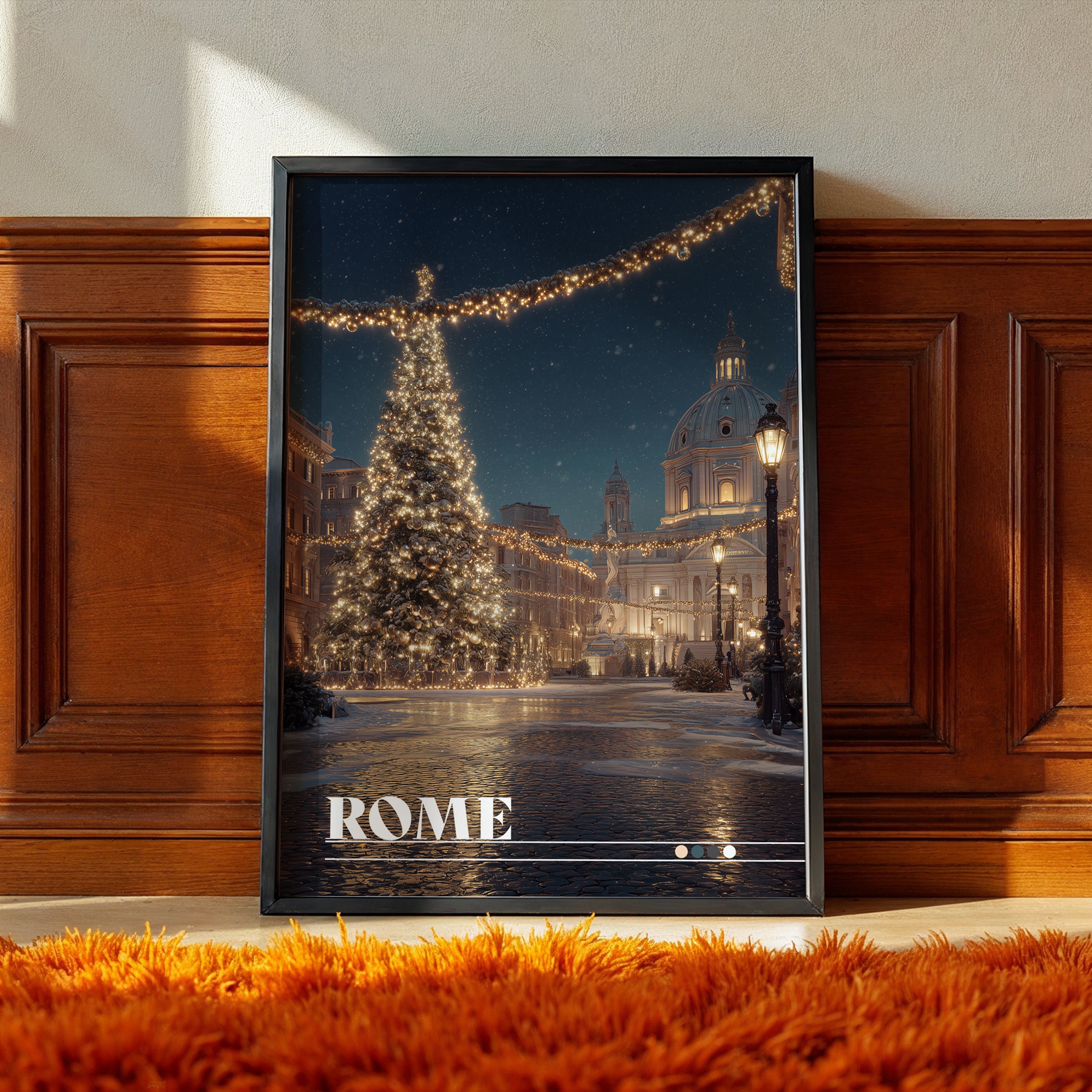 Rome Italy Poster – Christmas Piazza Wall Art, Holiday City Print, Festive Travel Photography Decor