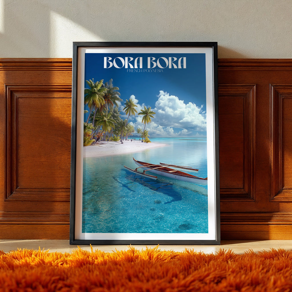 French Polynesia Travel Poster – Bora Bora Island Print, Tropical Lagoon Wall Art, Paradise Decor
