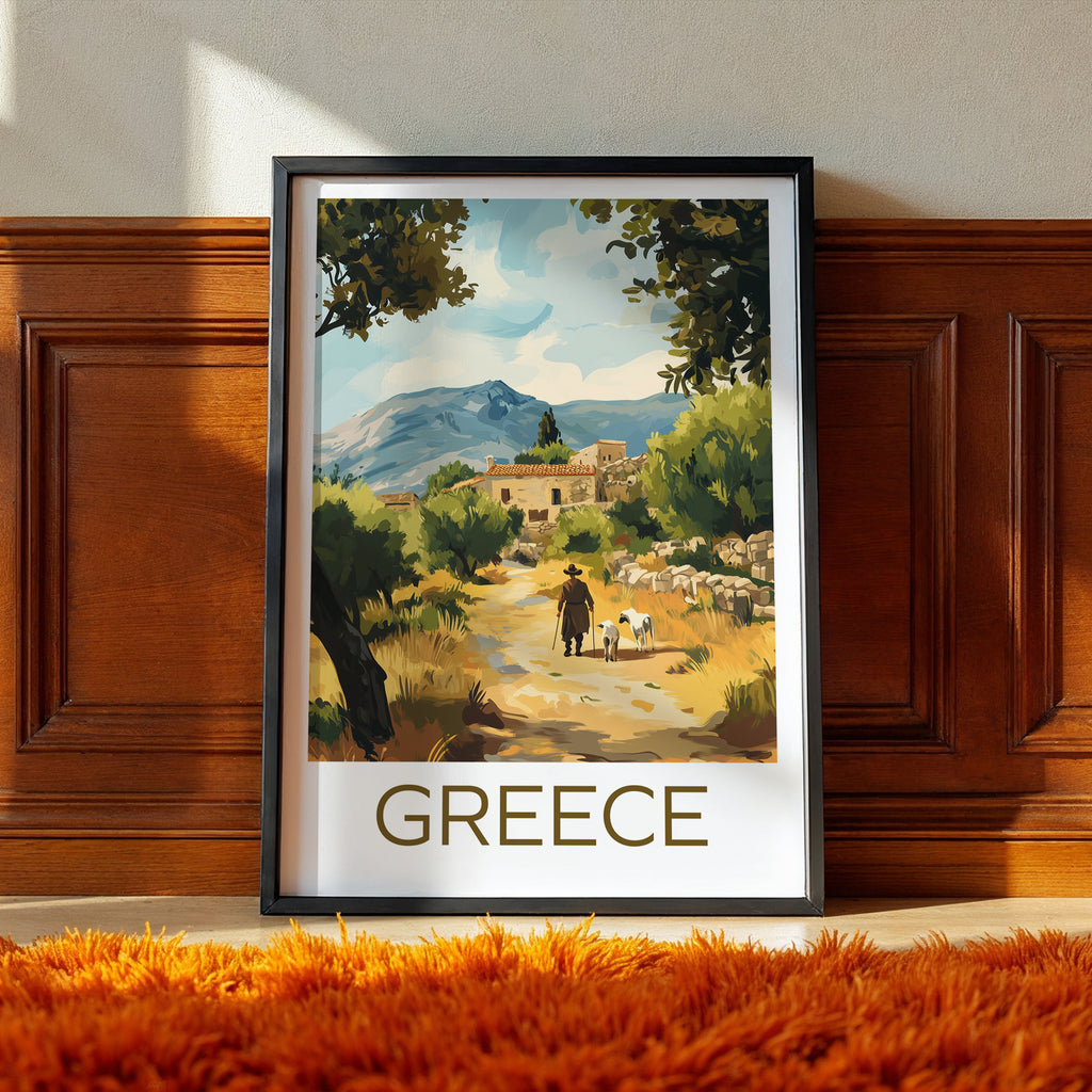 Greece Travel Poster: Mediterranean Village Landscape Illustration Art
