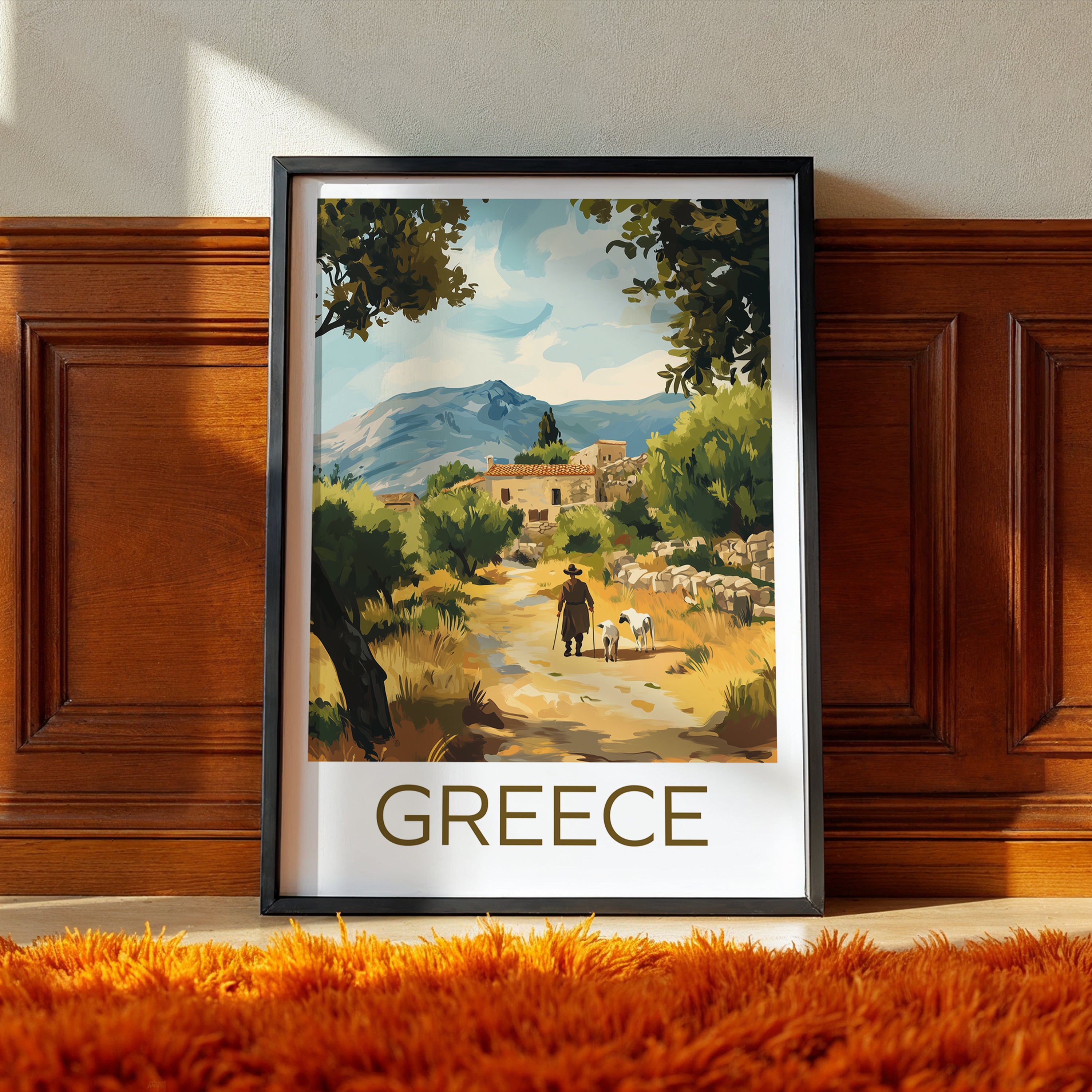 Greece Travel Poster: Mediterranean Village Landscape Illustration Art