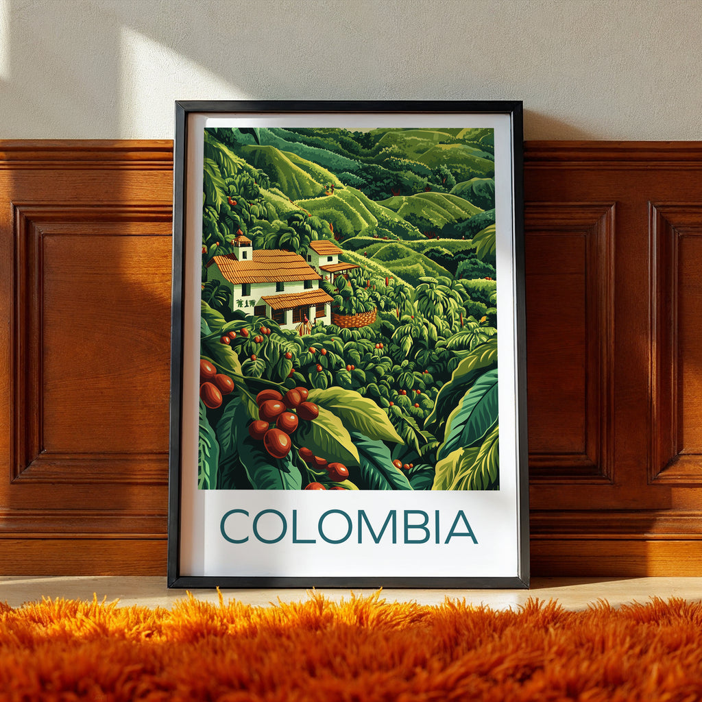 Colombia Coffee Farm Travel Poster – Eje Cafetero Landscape Illustration Art