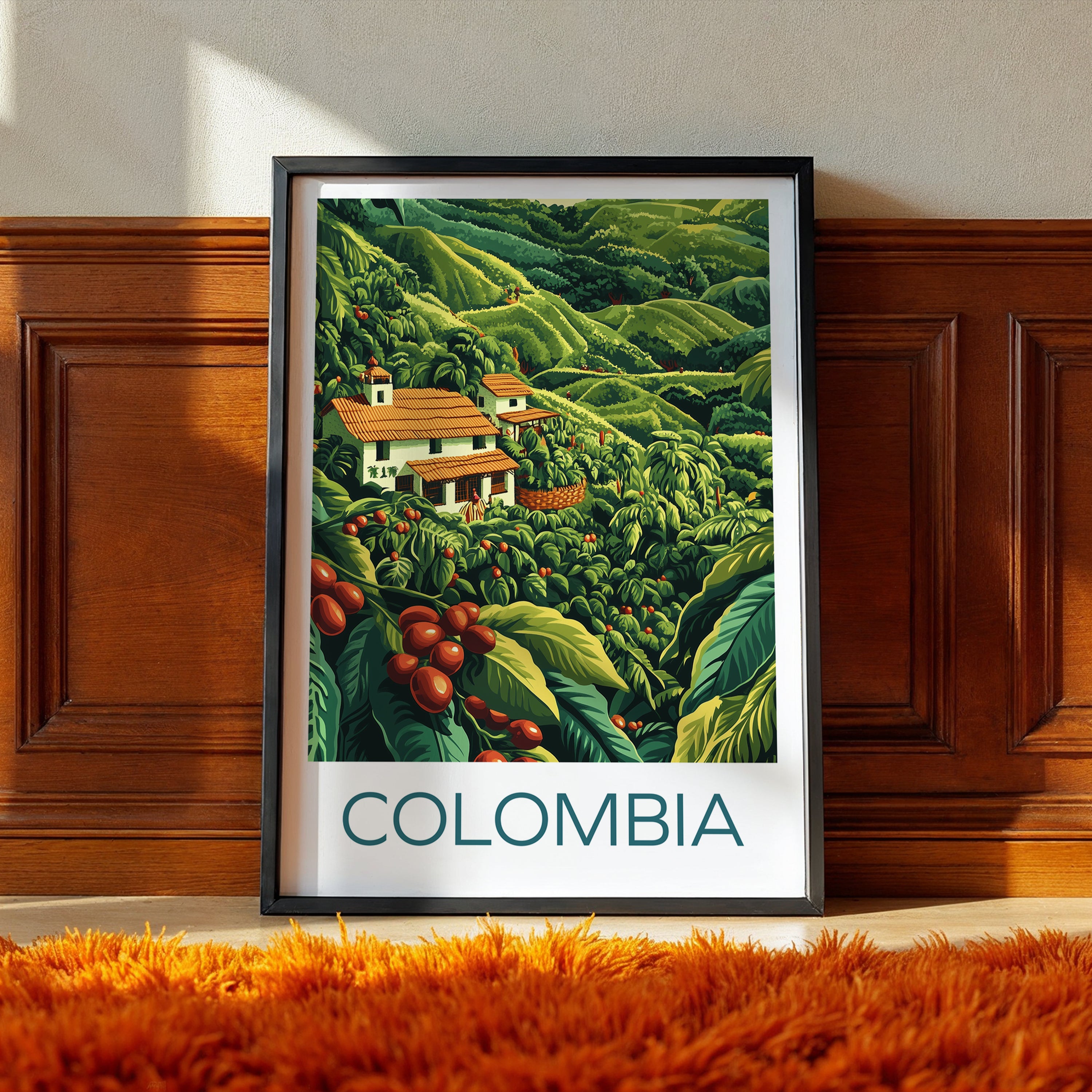 Colombia Coffee Farm Travel Poster – Eje Cafetero Landscape Illustration Art