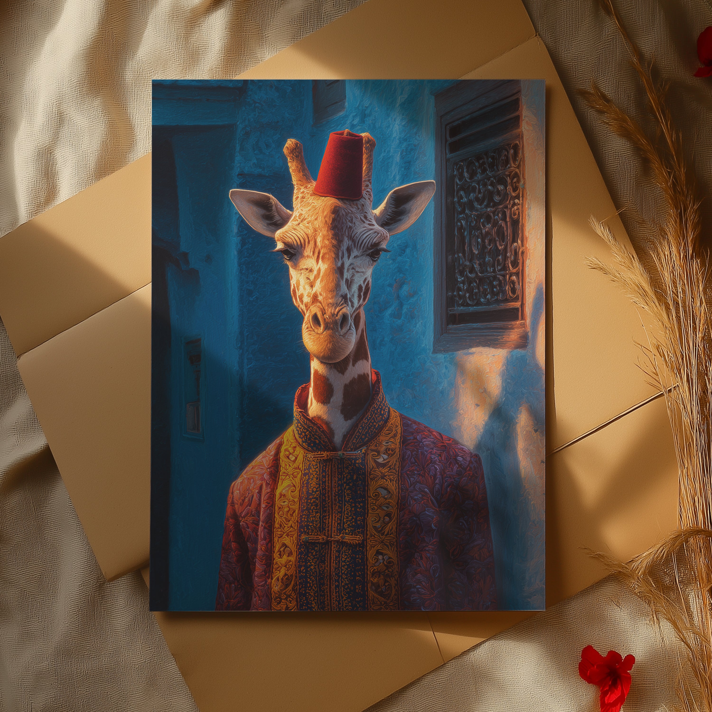 Elegant Giraffe Poster – Moroccan Animal Art Print, Royal Wildlife Wall Decor, Fantasy Safari Portrait