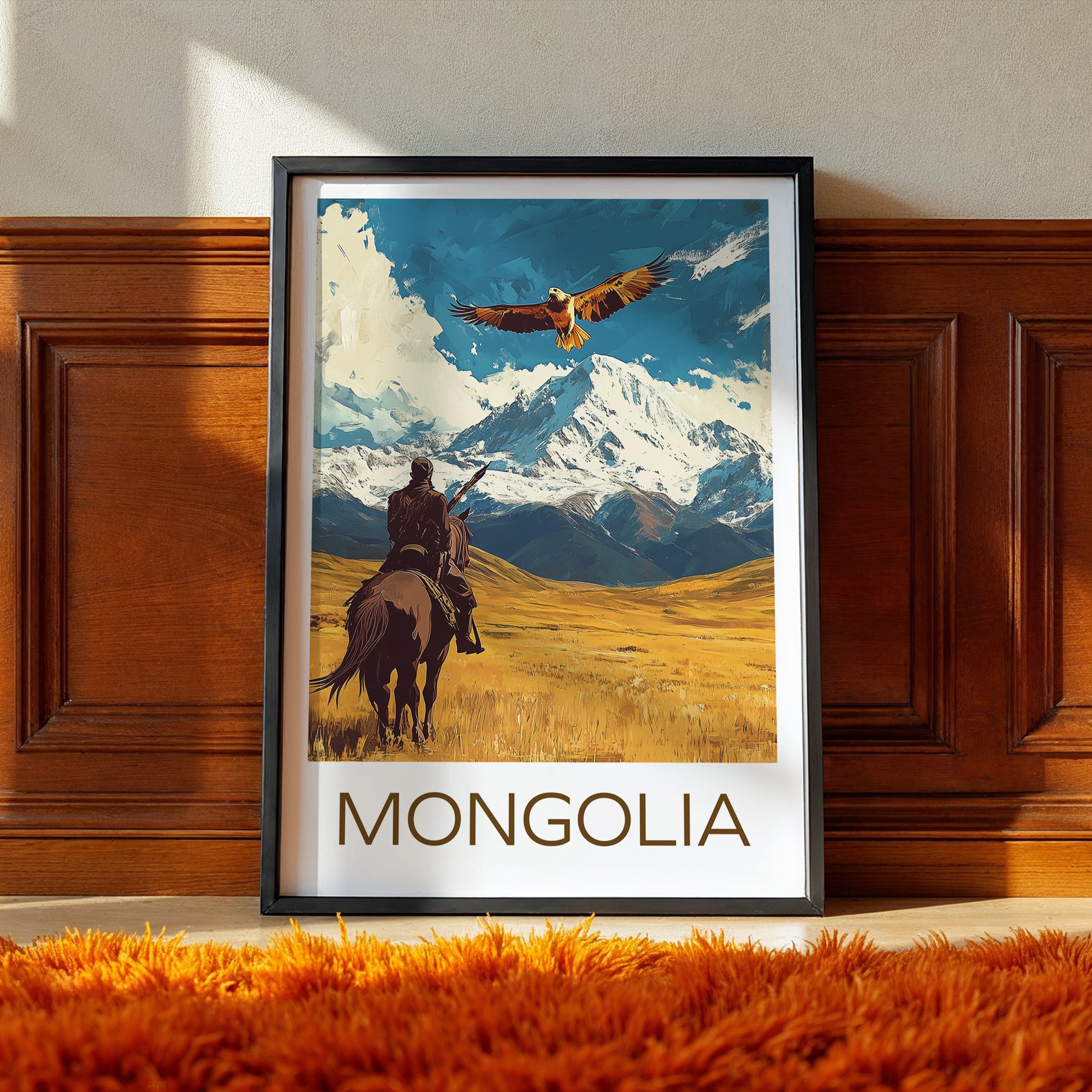 Kazakhstan Travel Poster: Golden Eagle Hunter Steppe Illustration Art