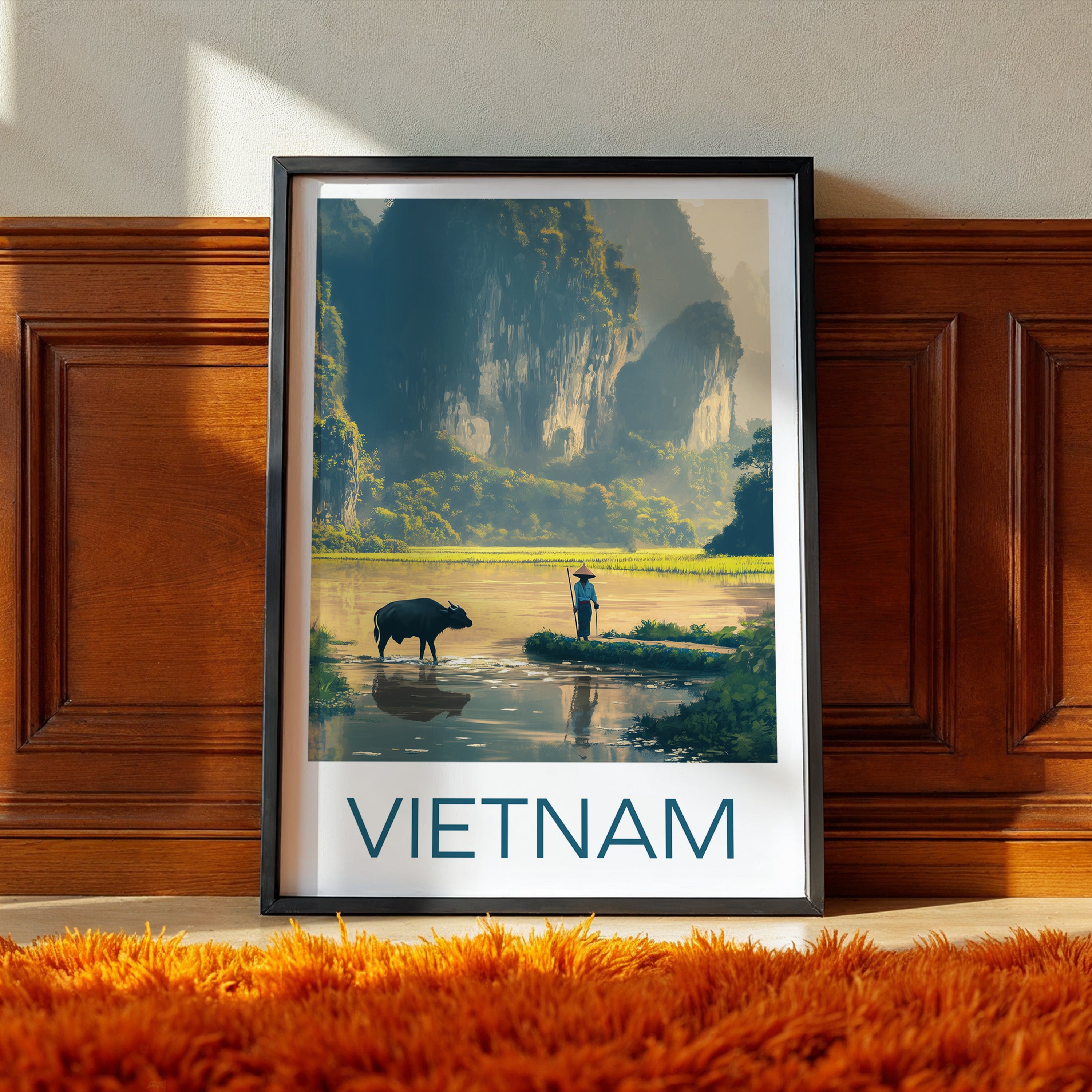 Vietnam Travel Poster: Ninh Binh Karst Landscape Illustration Art