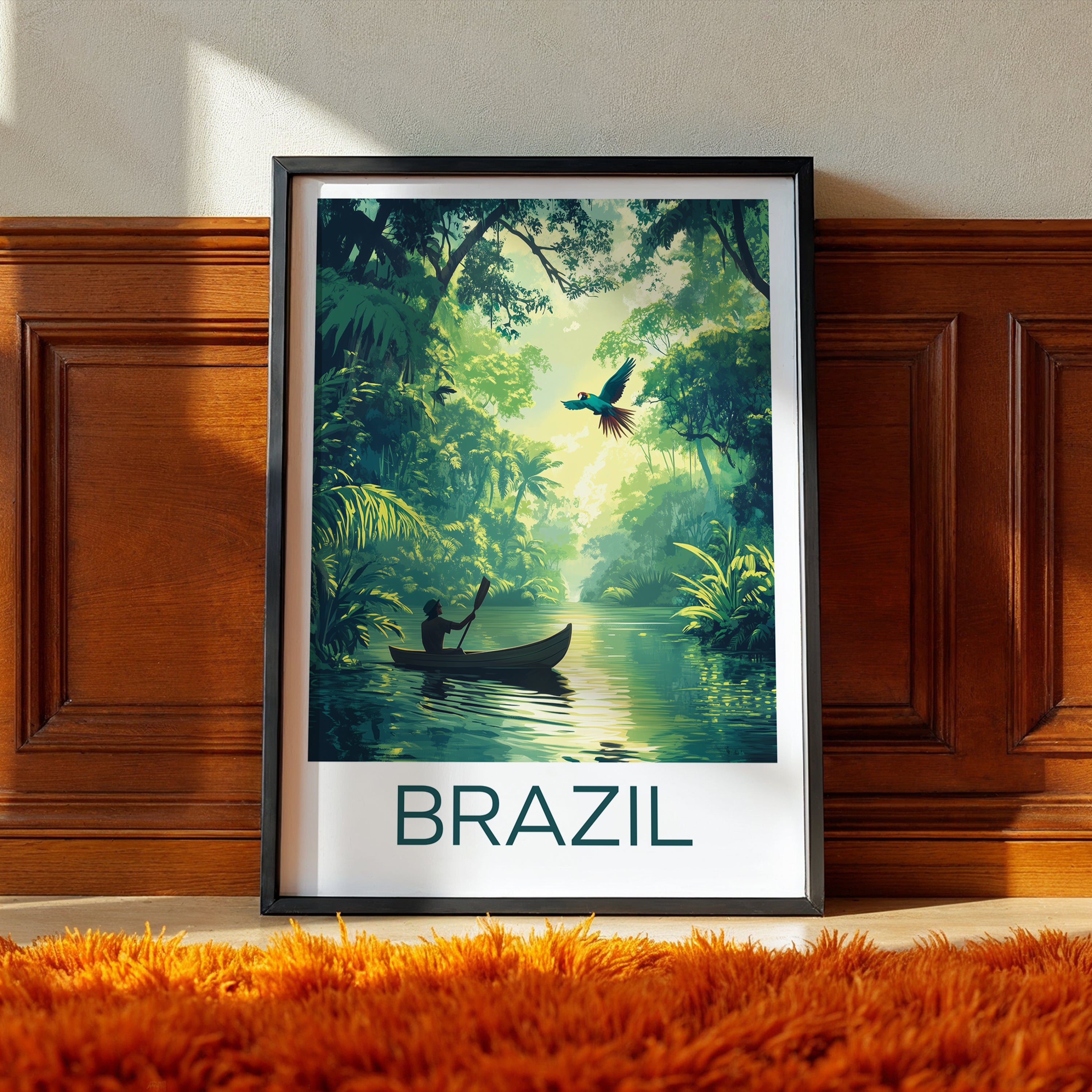 Brazil Amazon Rainforest Travel Poster – Jungle River Canoe & Macaw Illustration Art
