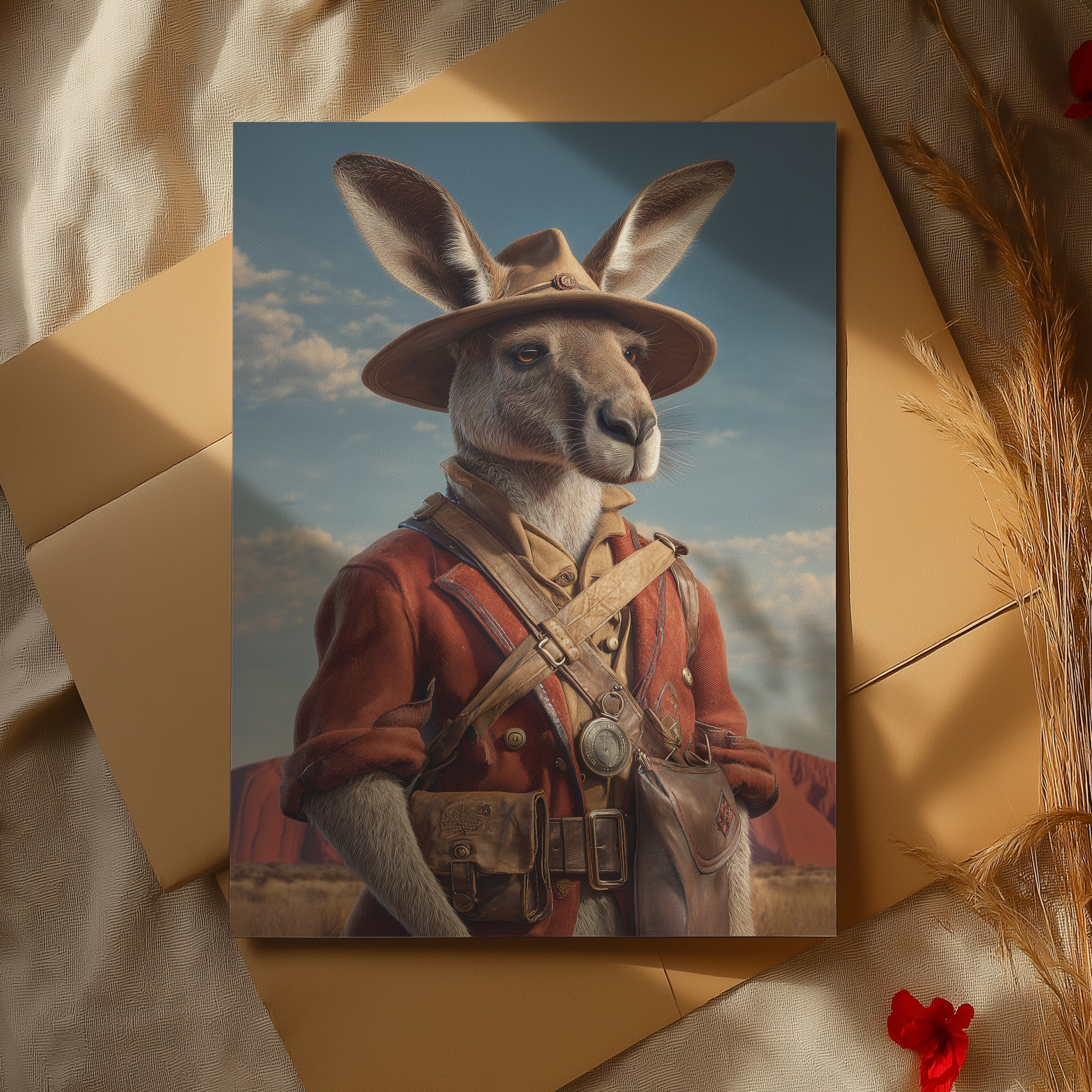 Explorer Kangaroo Poster – Australian Animal Print, Outback Fantasy Wall Art, Wildlife Decor