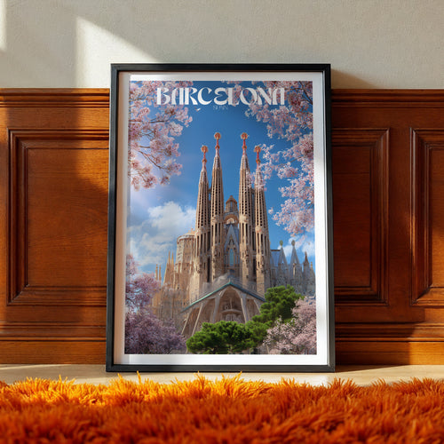 Barcelona poster featuring the stunning Barcelona Cathedral surrounded by blooming flowers and vibrant colors.