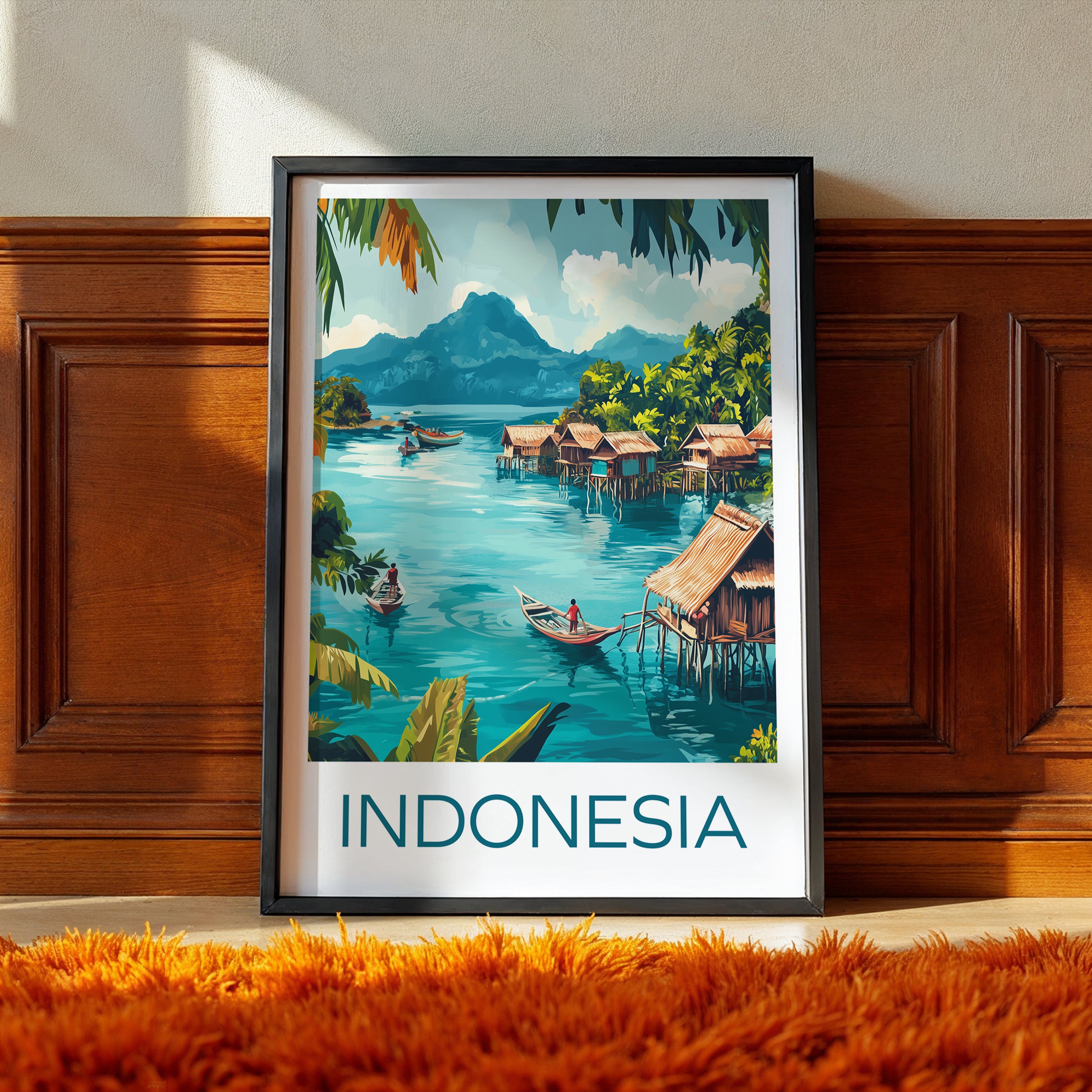 Indonesia Travel Poster: Raja Ampat Tropical Village Illustration Art