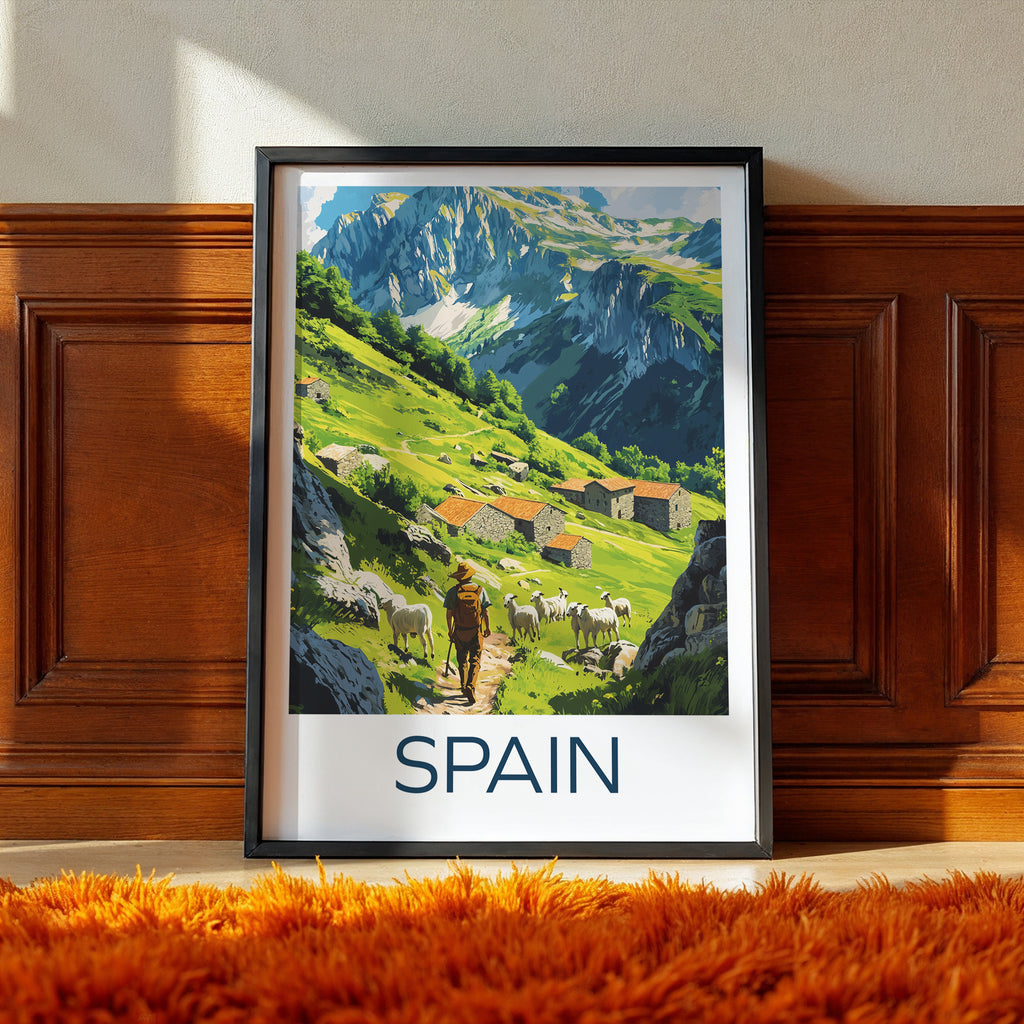 Spain Mountain Village Travel Poster – Picos de Europa Landscape Art Print, Rustic Stone Houses & Shepherd Illustration