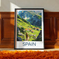 Spain Mountain Village Travel Poster – Picos de Europa Landscape Art Print, Rustic Stone Houses & Shepherd Illustration