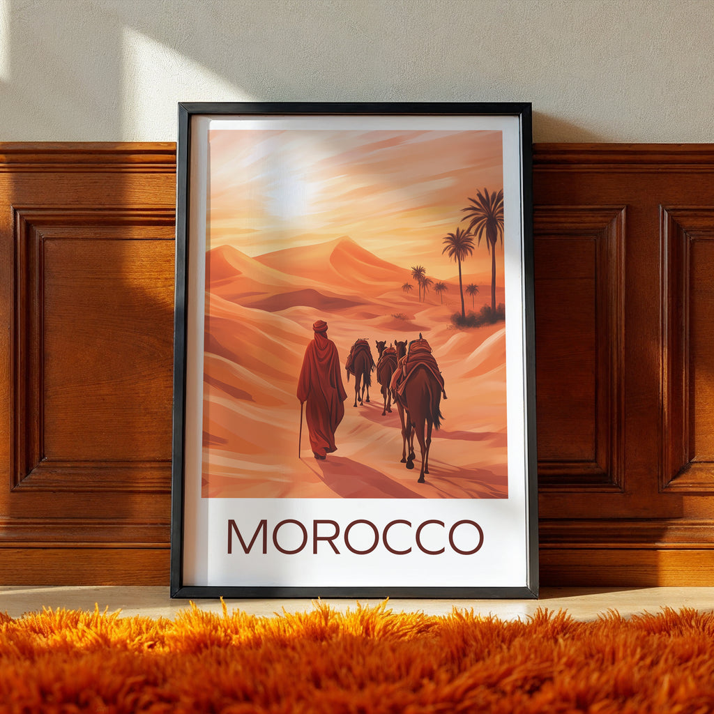 Morocco Travel Poster: Sahara Desert Sunset Illustration Art