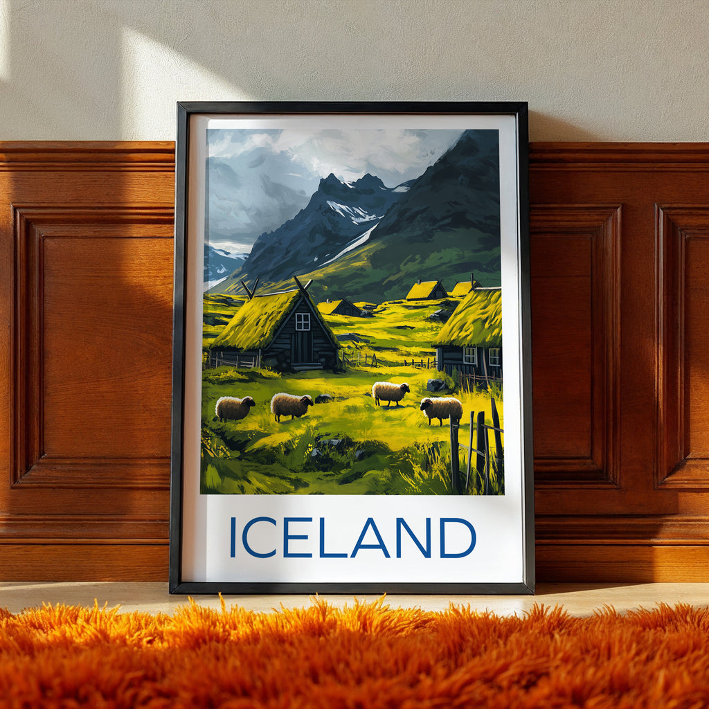 Iceland Travel Poster: Nordic Mountain Village Illustration Art