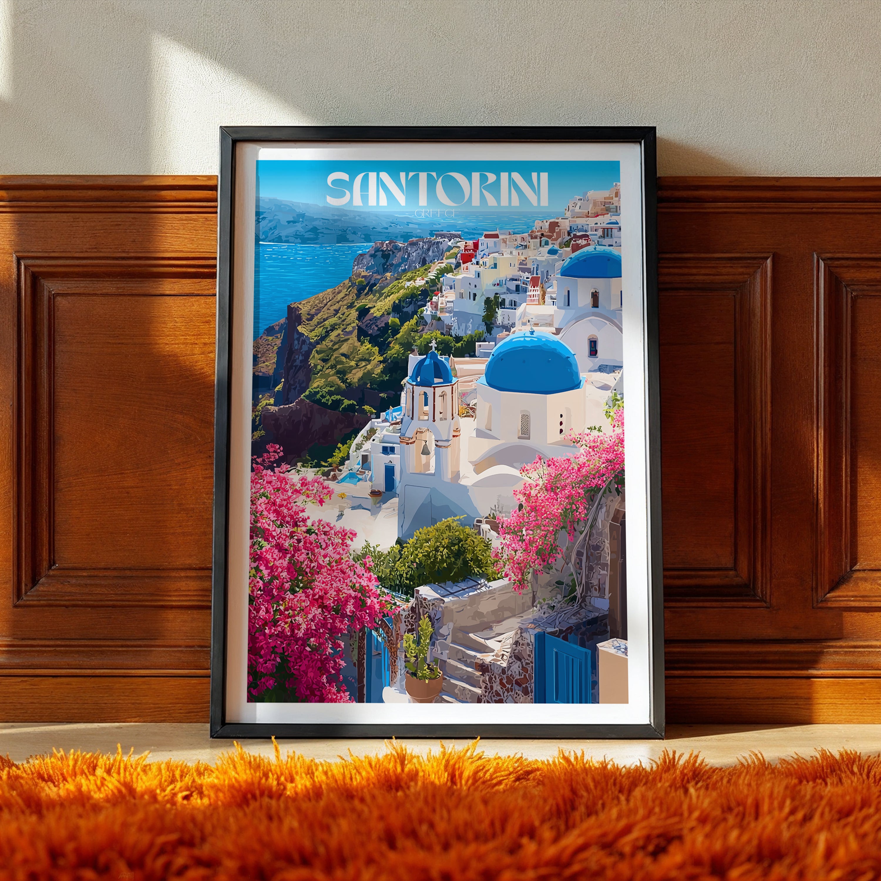 Greece Travel Poster – Santorini Island Wall Art Print, Cycladic Architecture, Coastal Decor