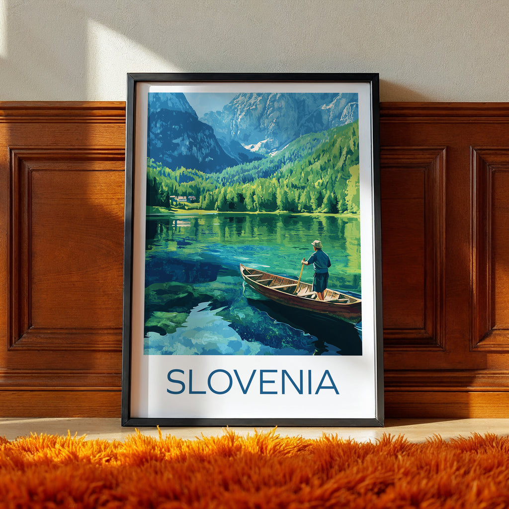 Slovenia Lake Travel Poster – Alpine Lake & Mountains Art Print, Canoe Landscape Illustration