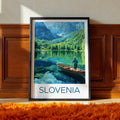 Slovenia Lake Travel Poster – Alpine Lake & Mountains Art Print, Canoe Landscape Illustration