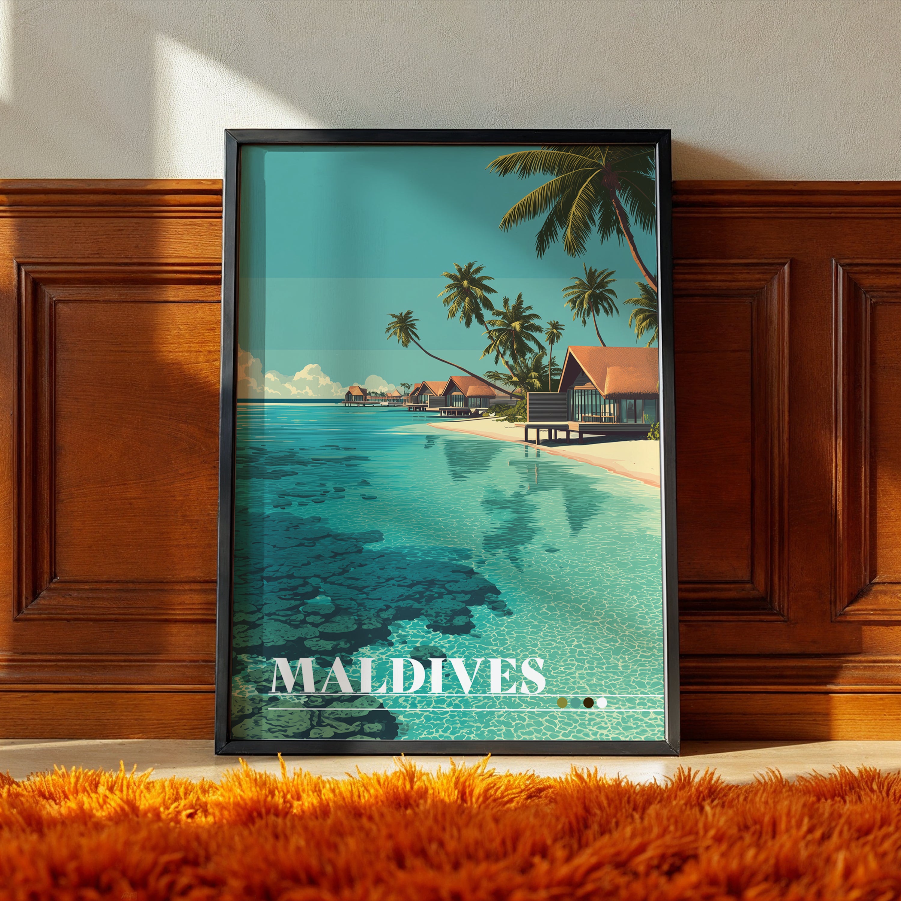 Maldives Poster – Tropical Island Wall Art, Overwater Villa Print, Exotic Beach Travel Photography Decor