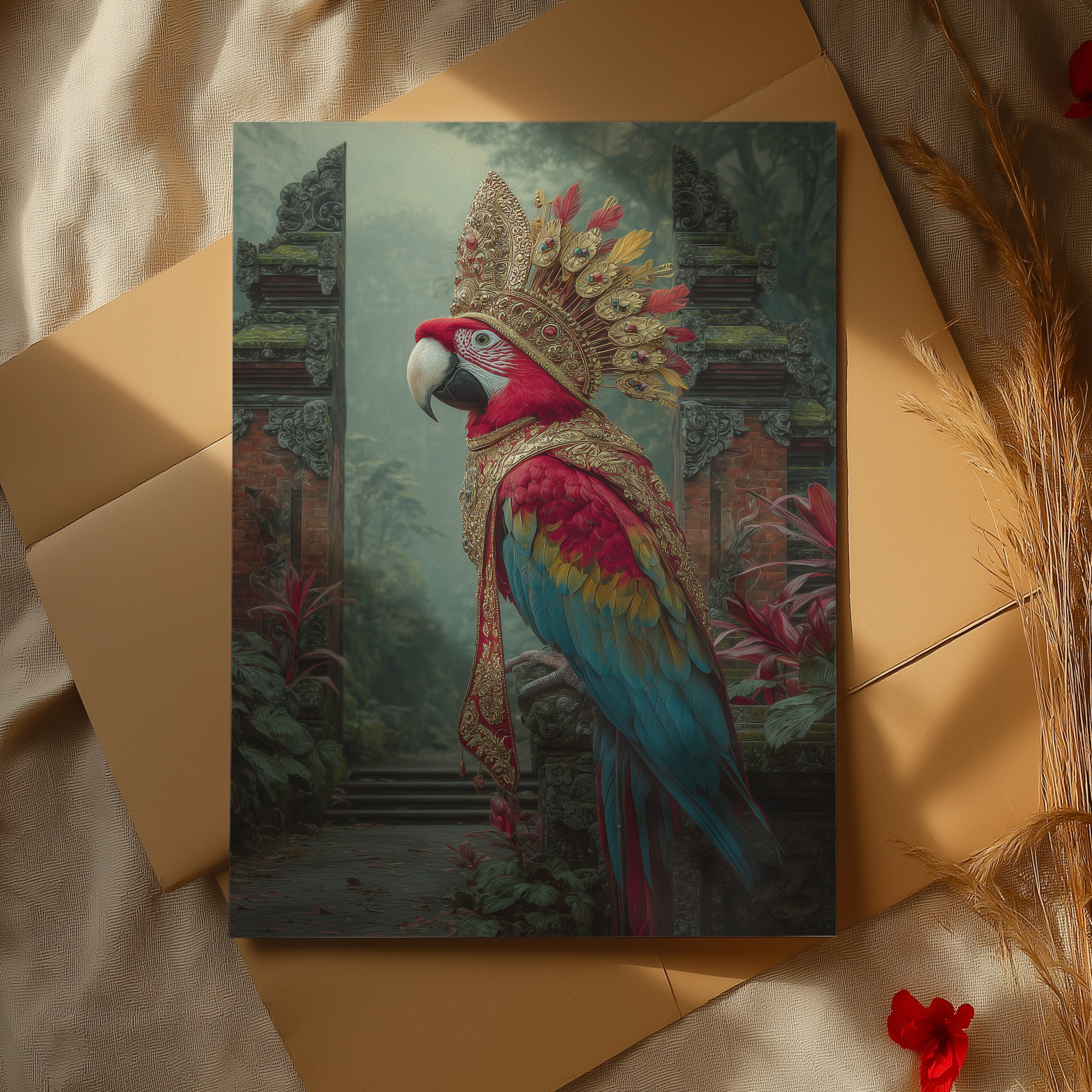 Royal Parrot Poster – Exotic Bird Art Print, Balinese Jungle Wall Decor, Tropical Animal Illustration