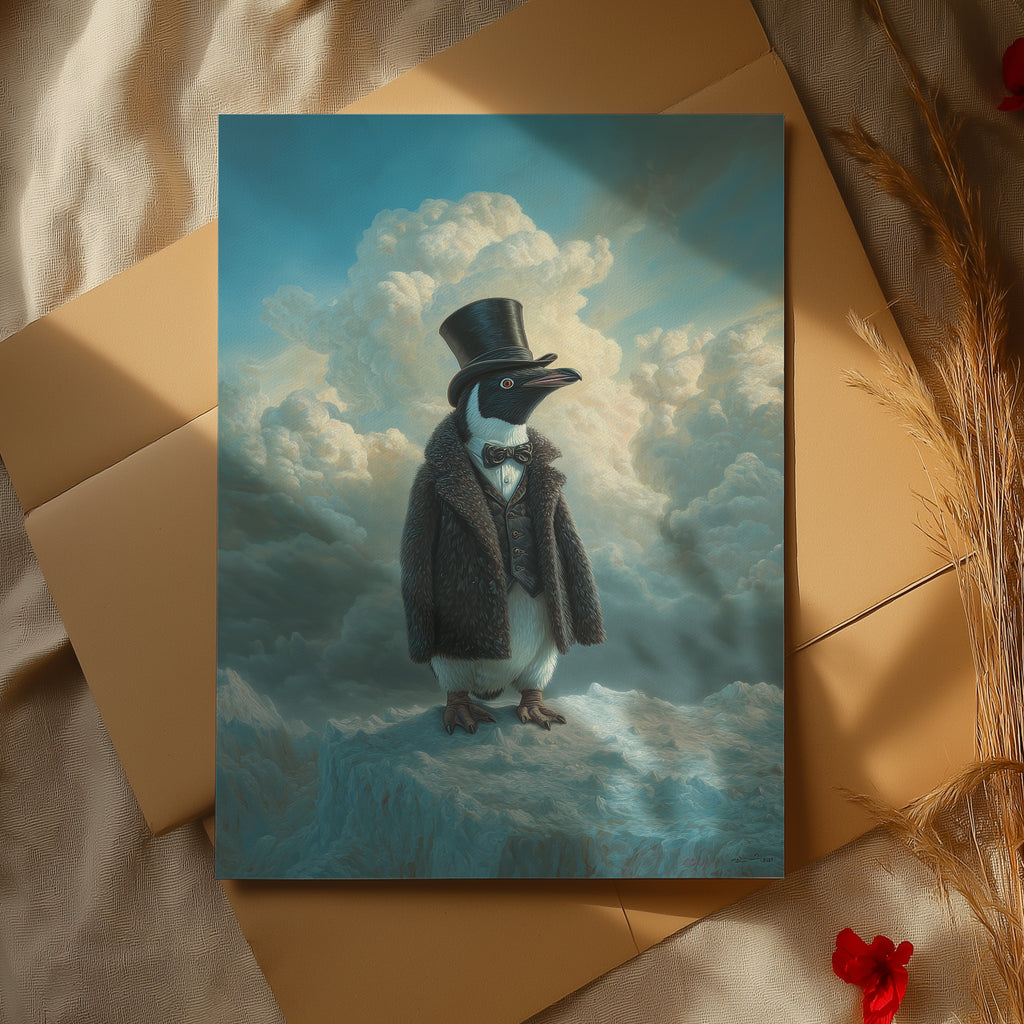 Aristocratic Penguin in Antarctica – Funny Animal Portrait, Aurora Wall Art, Whimsical Winter Decor