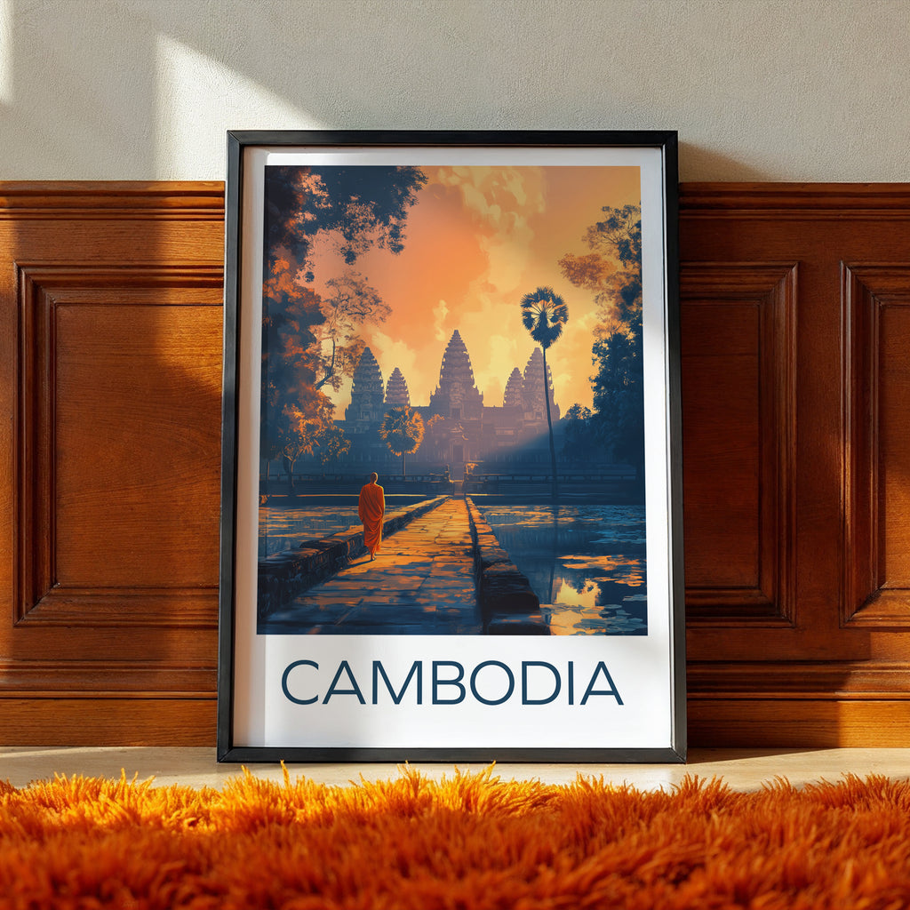 Cambodia Travel Poster: Angkor Wat Sunrise Illustration Art