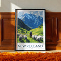 New Zealand Travel Poster: Mountain Landscape Sheep Illustration Art