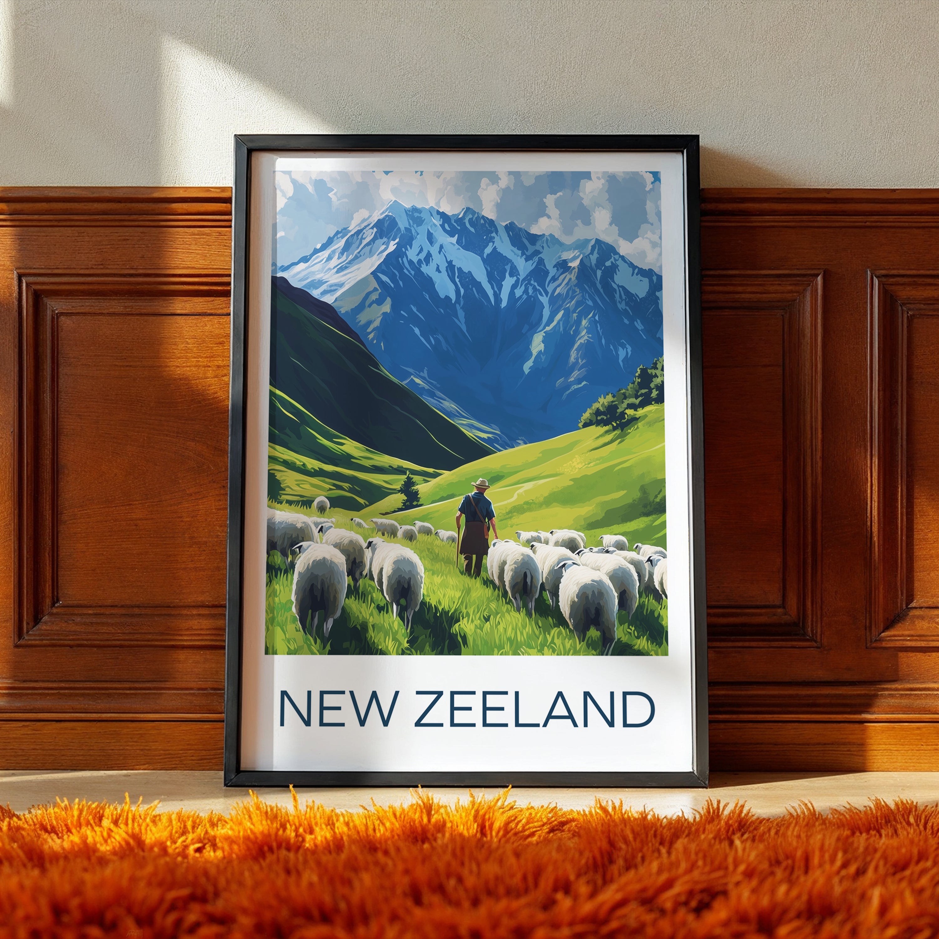 New Zealand Travel Poster: Mountain Landscape Sheep Illustration Art