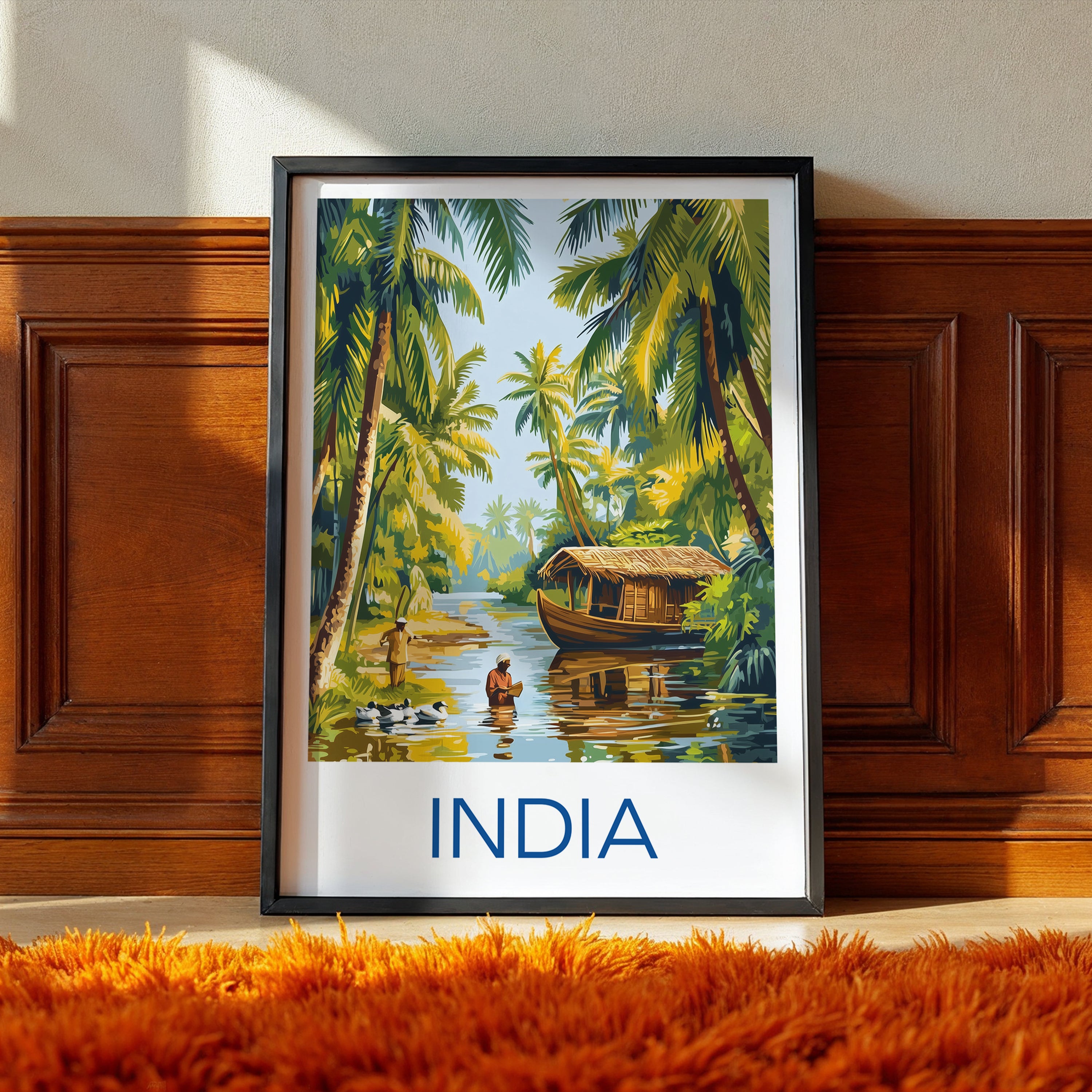 India Travel Poster: Kerala Backwaters Tropical Illustration Art