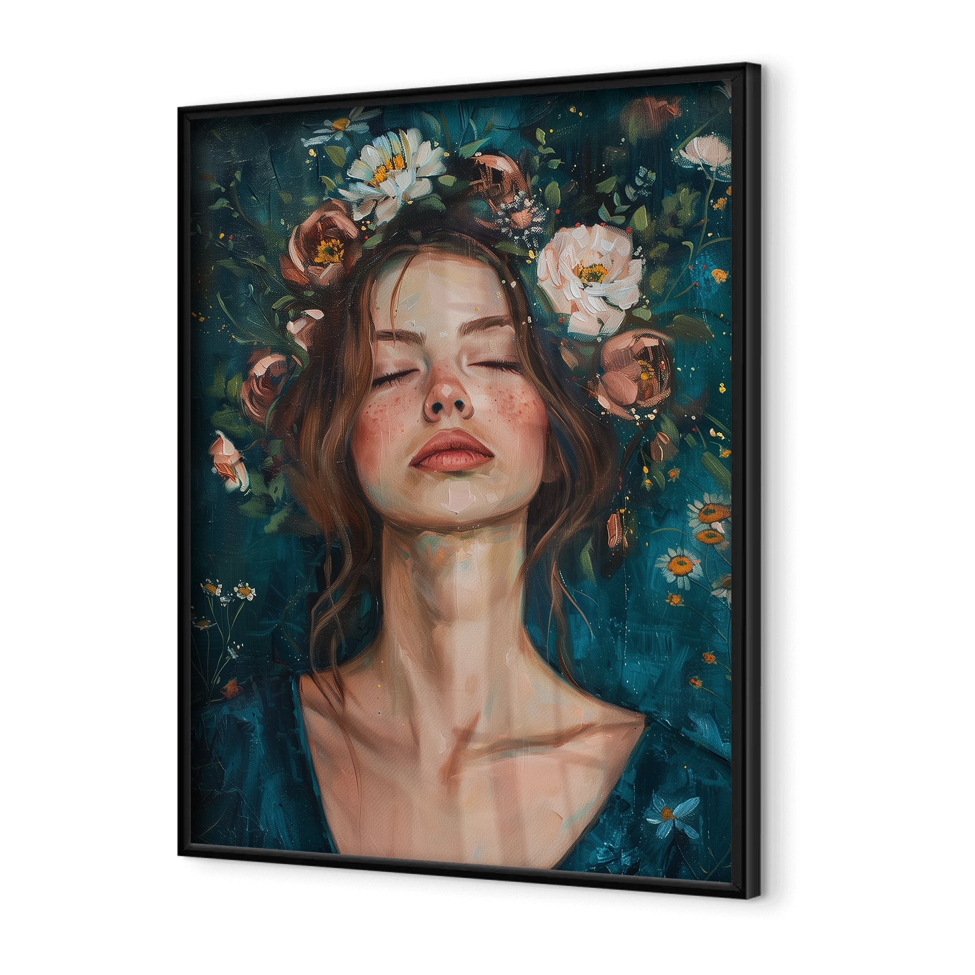 Botanical wall art close-up of woman surrounded by delicate floral foliage