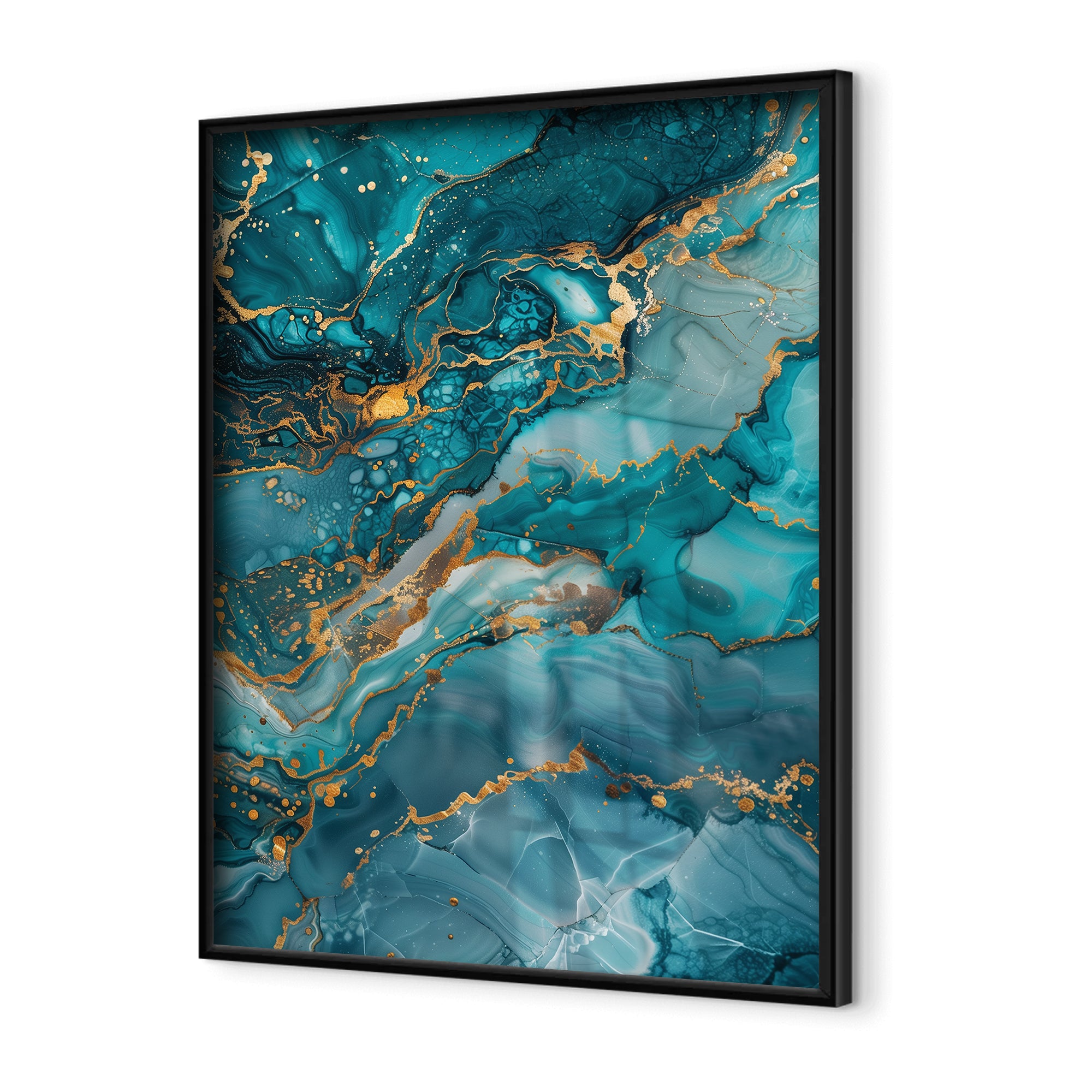 Marble wall art close-up of abstract ocean currents with gold mineral details